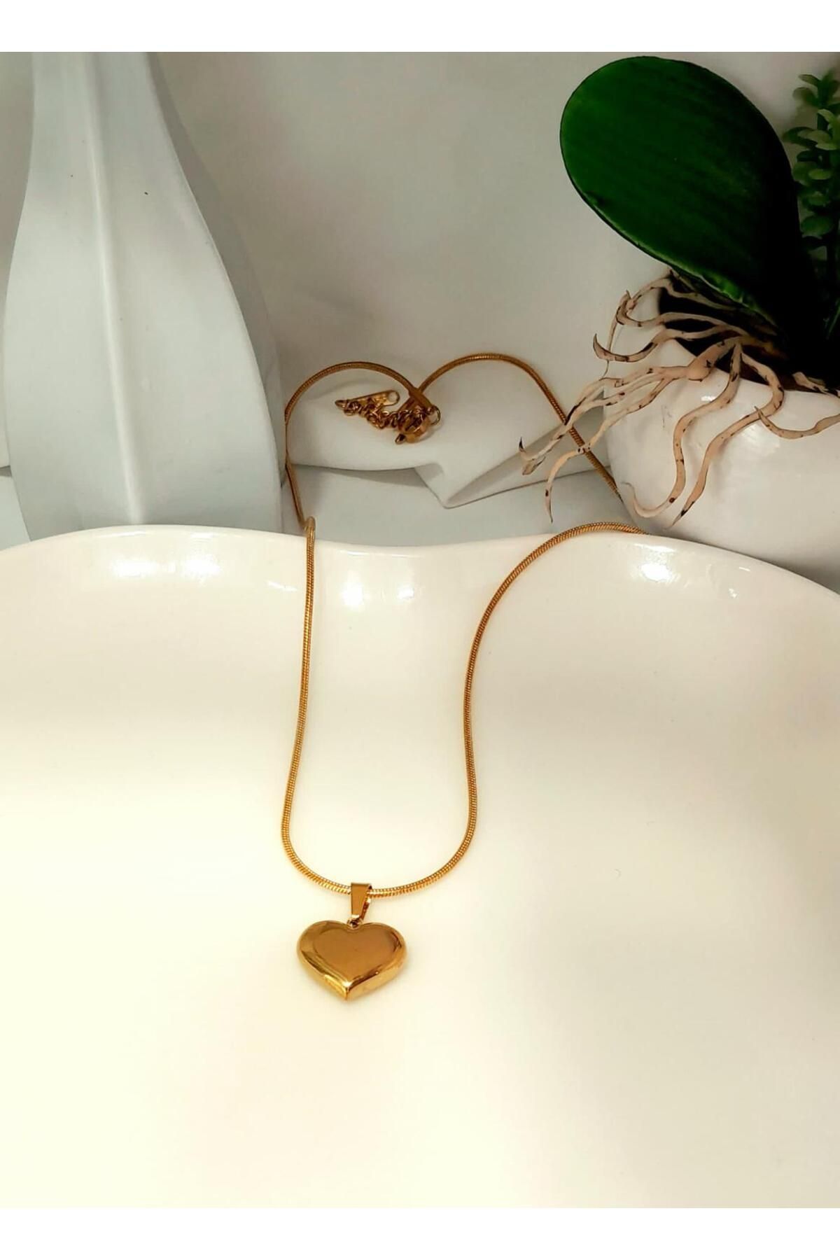 melif accesories Gold Renk İtalyan Boru Zincirli Kalp Detaylı Sade Taşsız Çelik Kolye