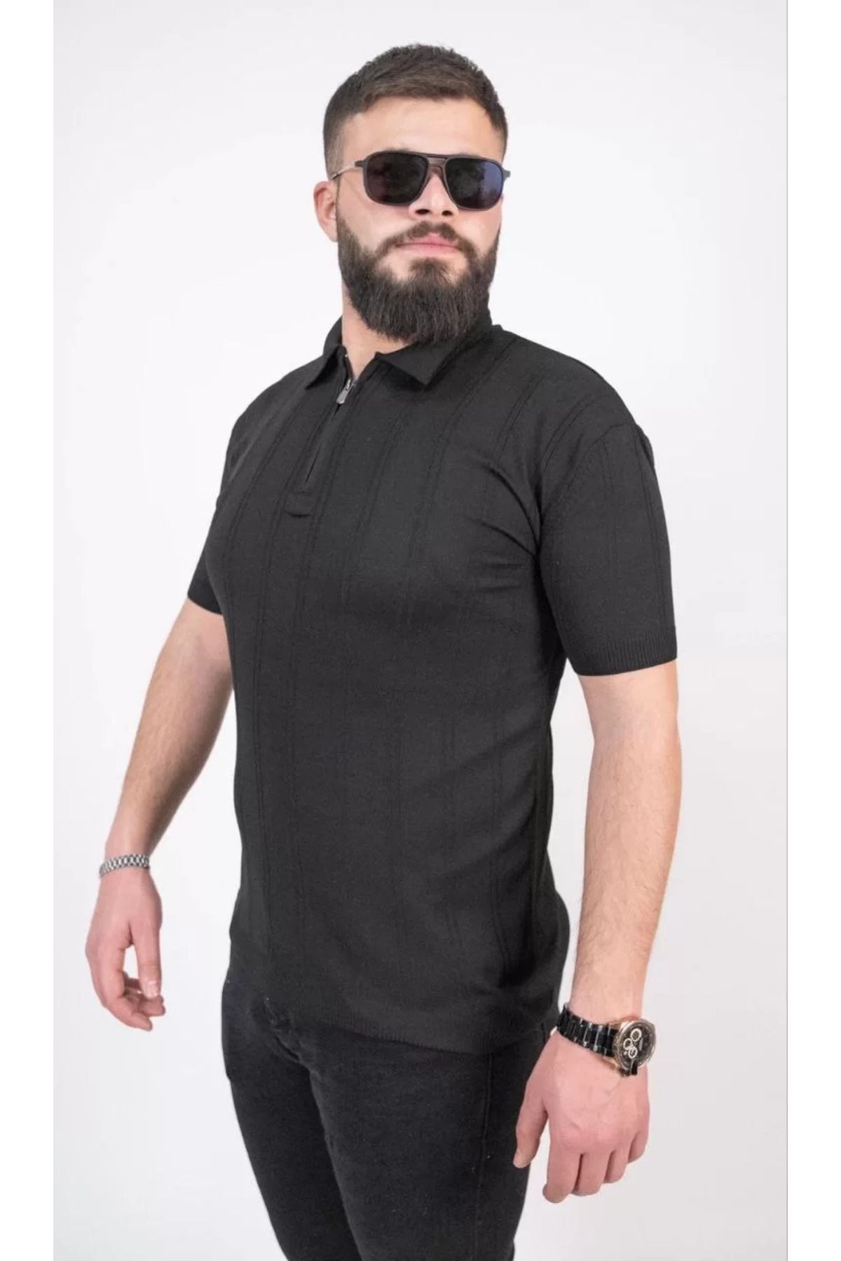 FantaziAtölyesi Triko Dokuma Yarım Fermuarlı Yakalı T-shirt - Siyah