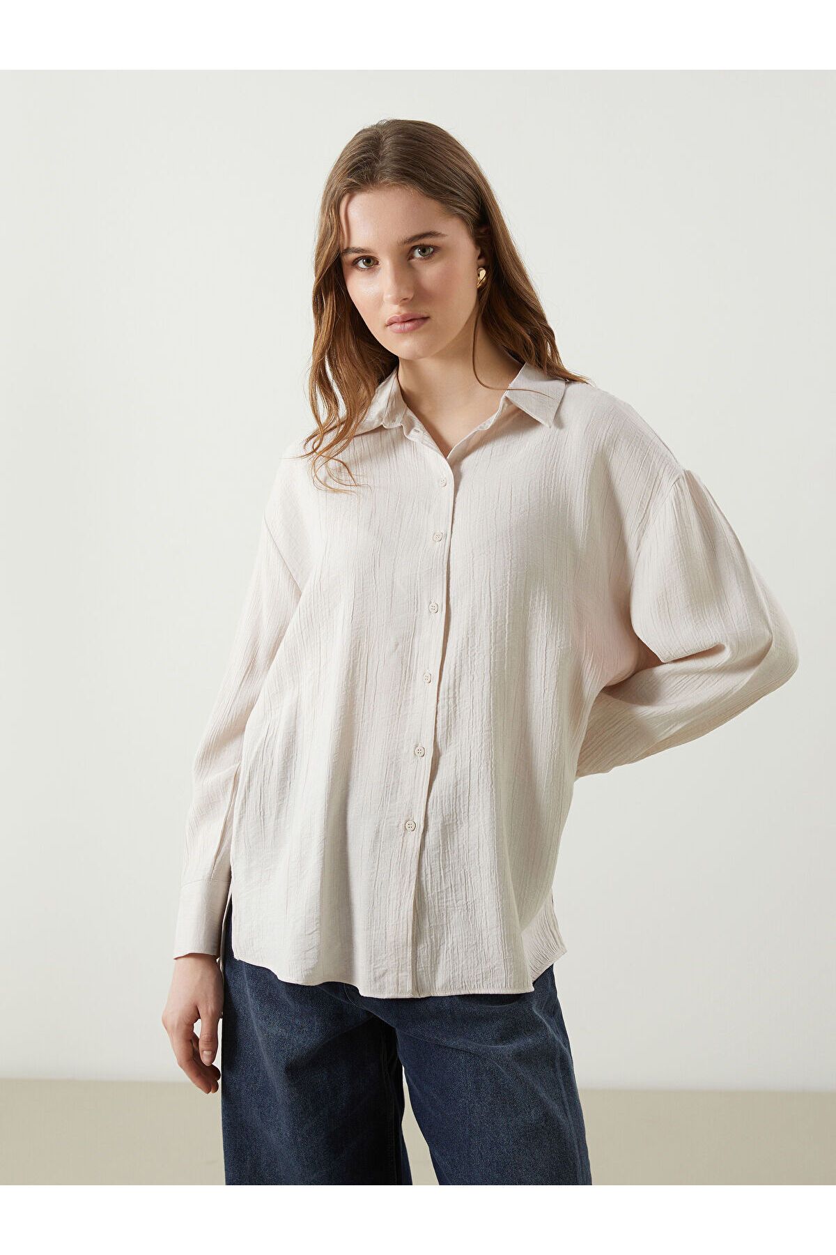 LC Waikiki Dokulu Oversize Krinkle Kadın Gömlek Tunik