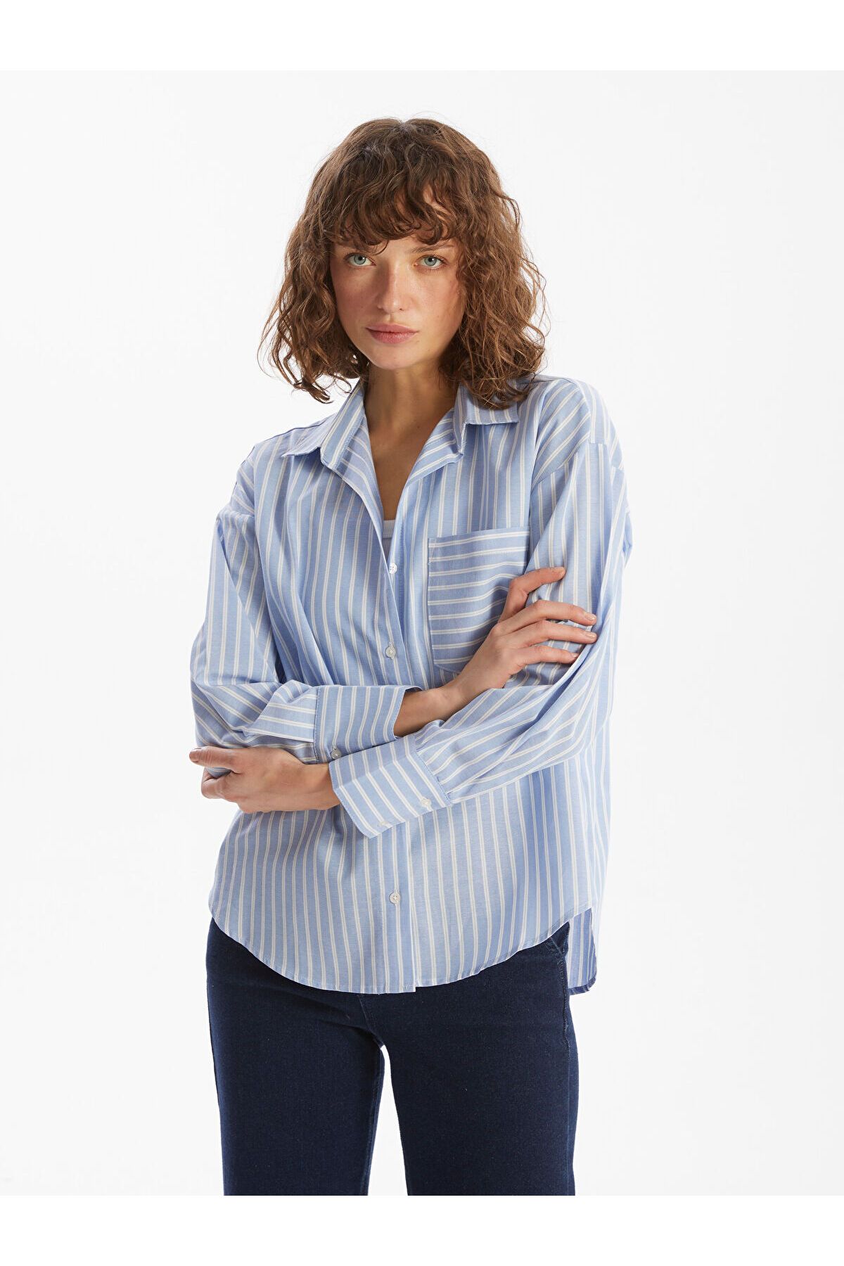LC Waikiki Çizgili Oversize Oxford Kadın Gömlek
