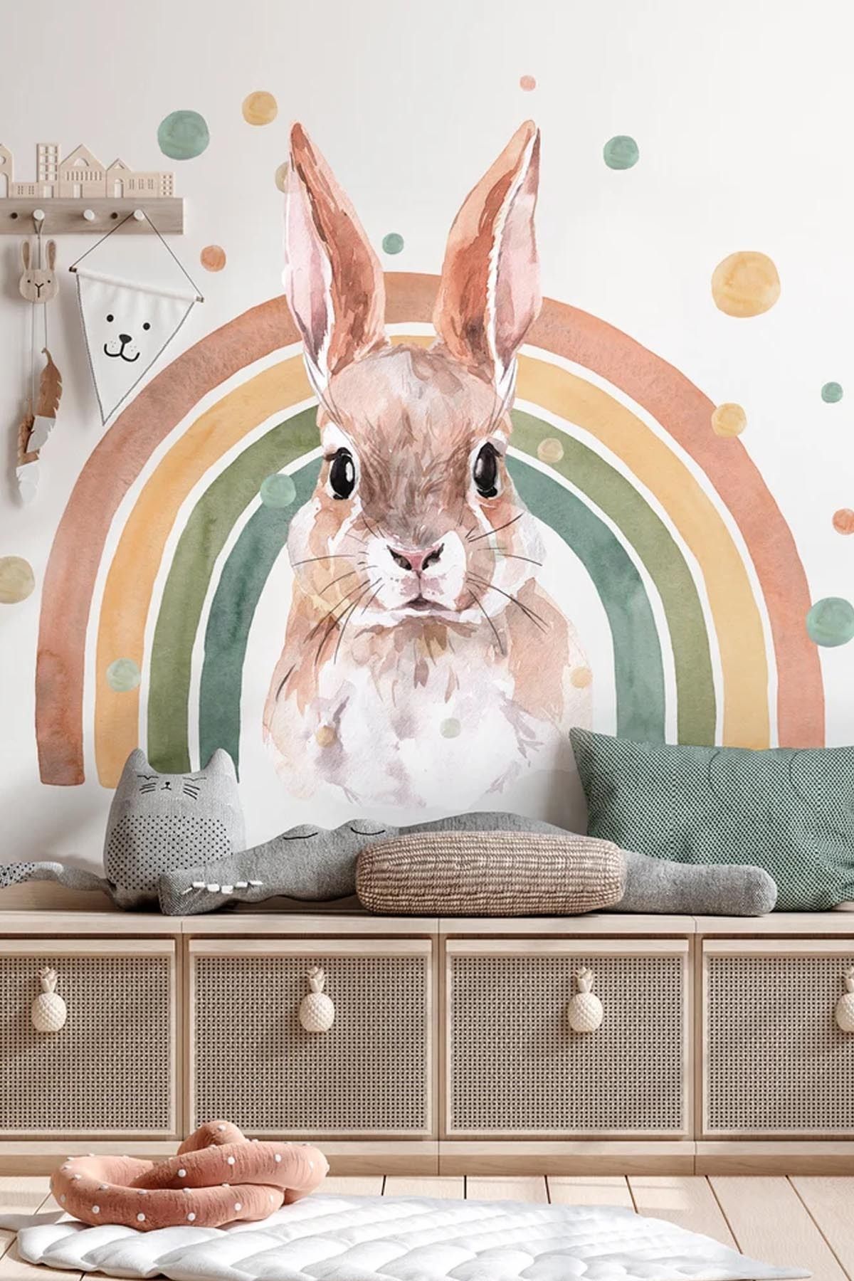 KT Decor Boho Gökkuşağı Puantiyeler ve Sevimli Hayvanlar Pastel Renk Çocuk Odası Duvar Sticker