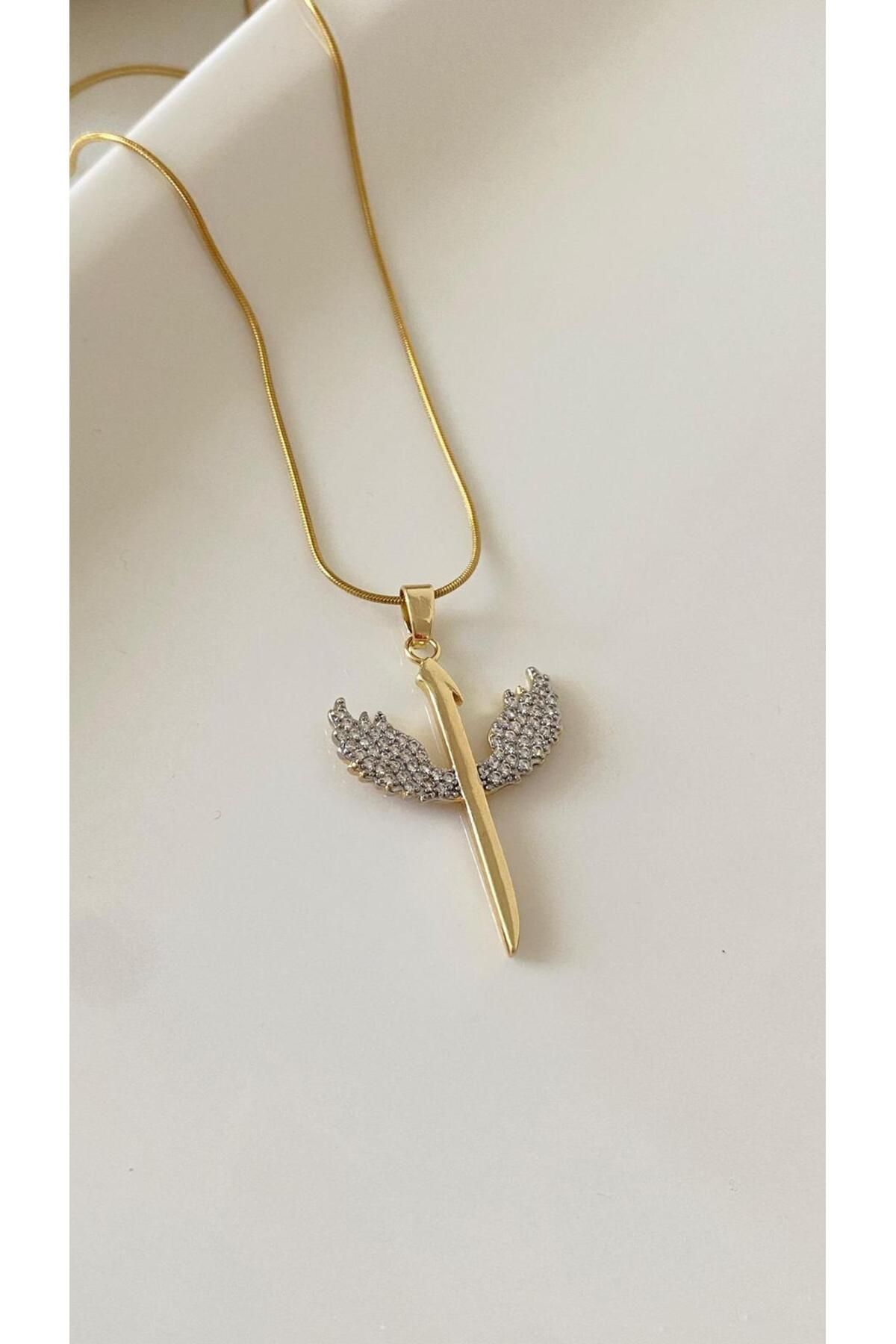 melif accesories Gold Renk İtalyan Boru Zincirli Zirkon Taşlı Melek Kanatlı Çelik Elif Kolye