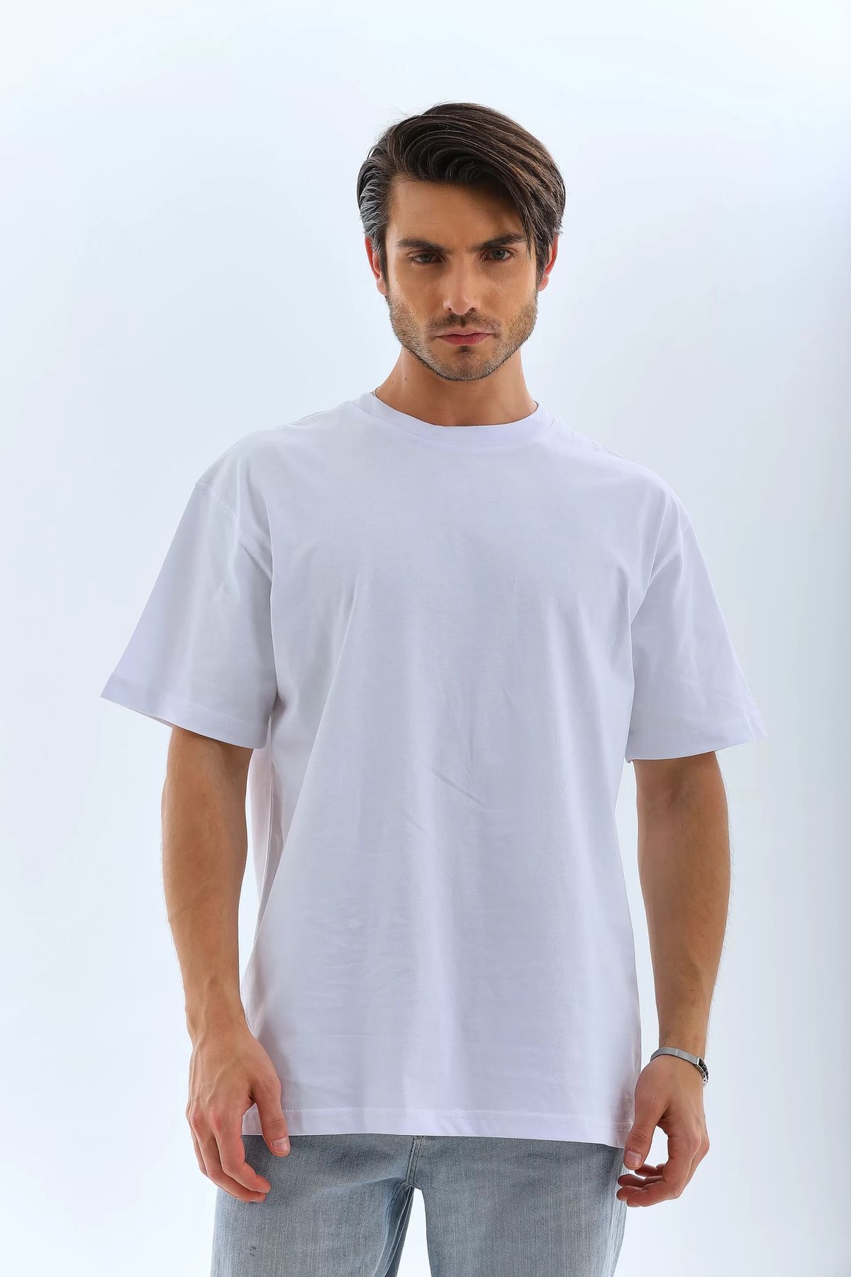 FantaziAtölyesi Unisex Oversize Düz Bisiklet Yaka T-Shirt - Beyaz