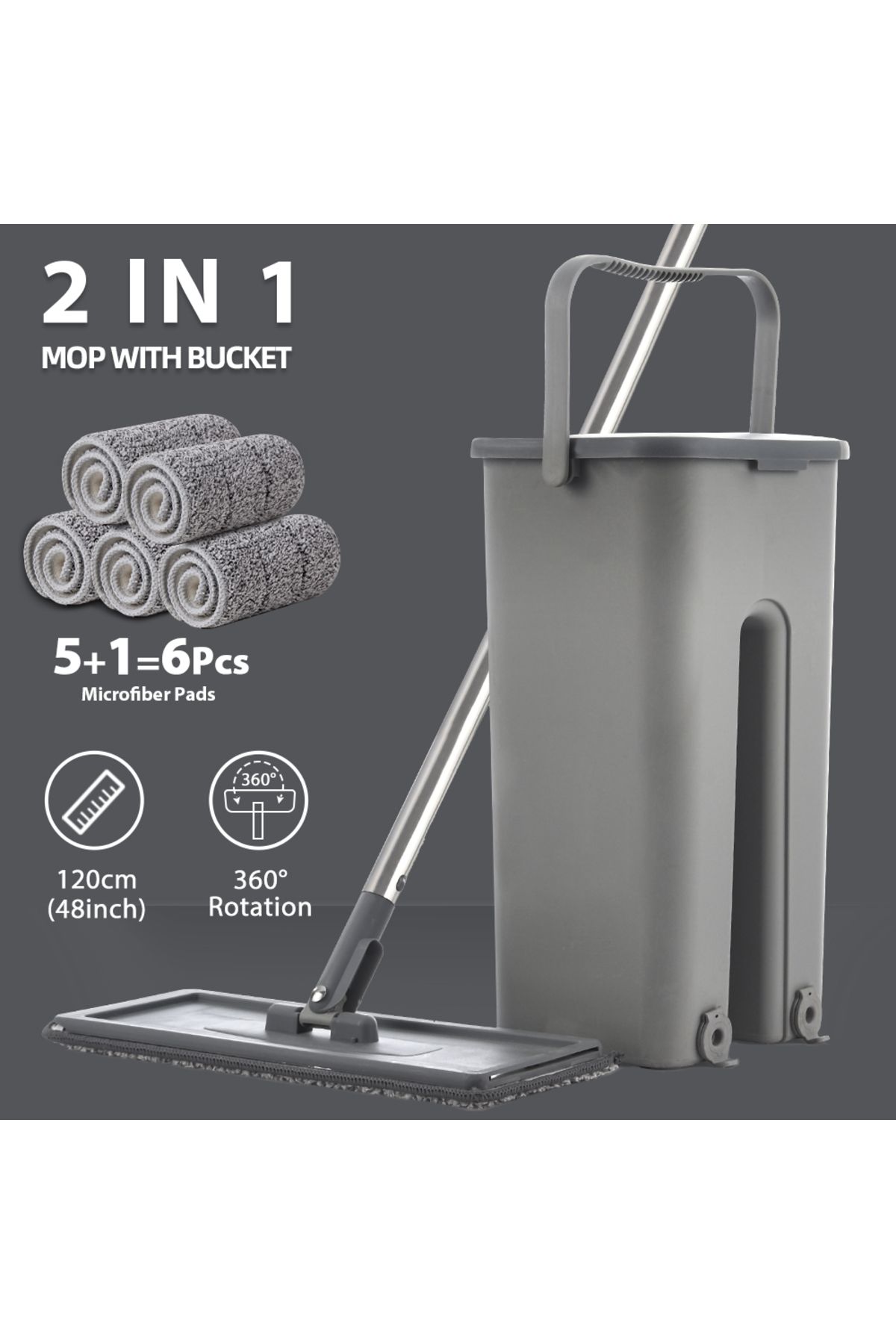 Choice-Sdarisb Grey Hand Free Flat Floor Mop And Bucket Set With 6 Washable Microfiber Pads Clean Tools 1