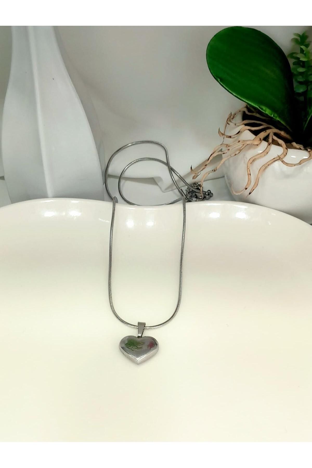 melif accesories Gümüş Renk İtalyan Boru Zincirli Kalp Detaylı Sade Çelik Kolye - Özel Tasarım