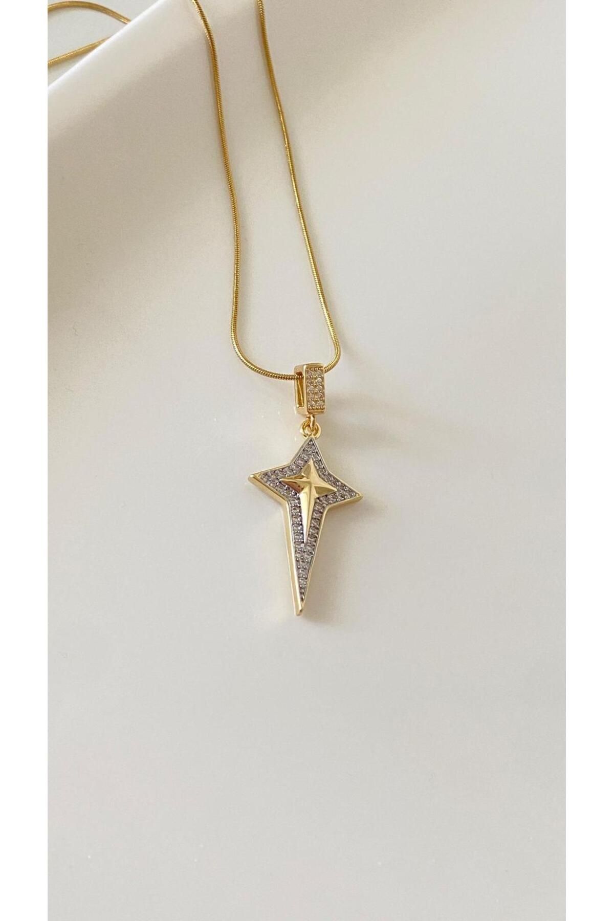 melif accesories Gold Renk İtalyan Zincirli Beyaz Zirkon Taşlı Kuzey Yıldızı Figürlü Çelik Kolye