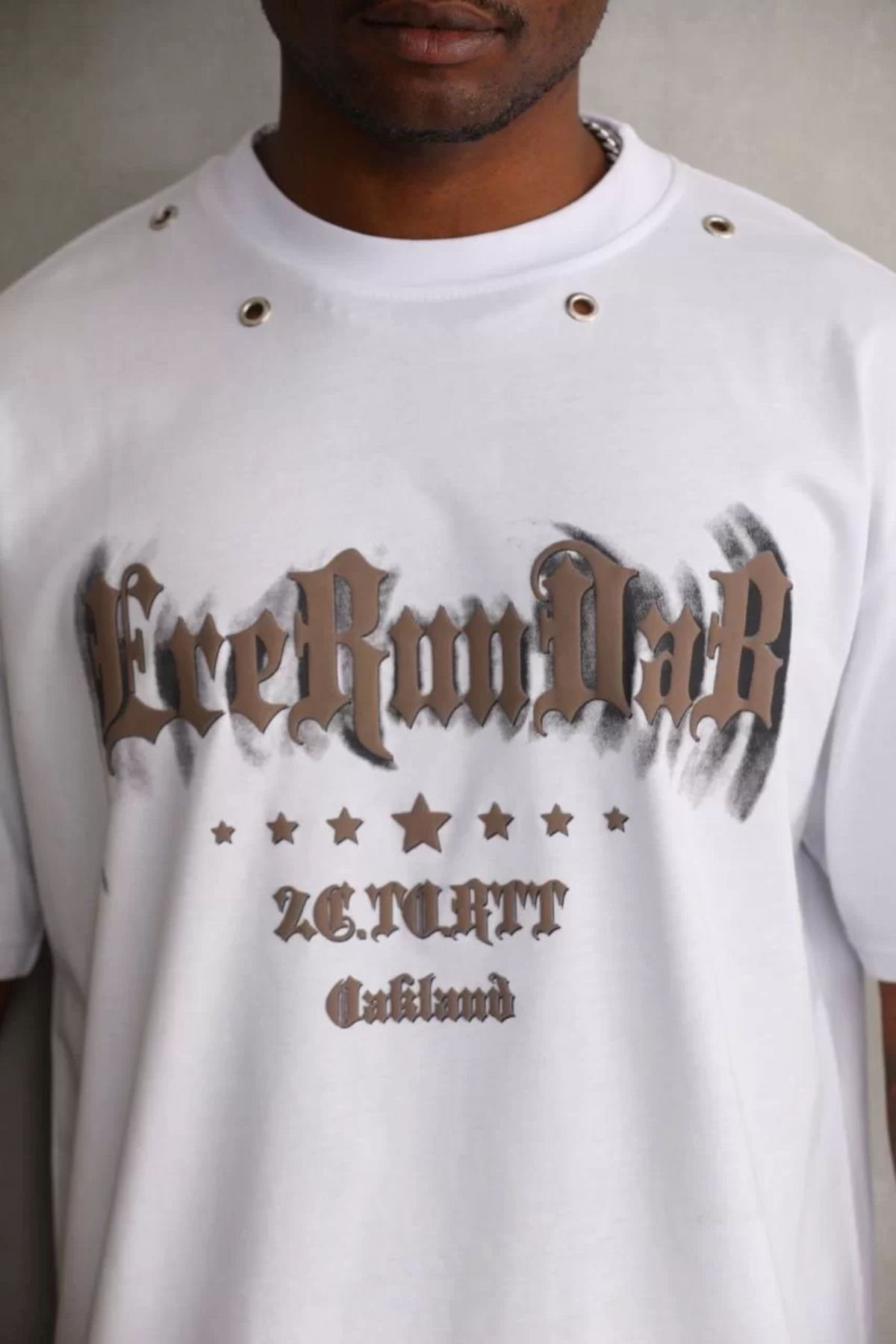 FantaziAtölyesi Unisex Kuşgözü Detaylı Baskılı Oversize T-Shirt - Beyaz