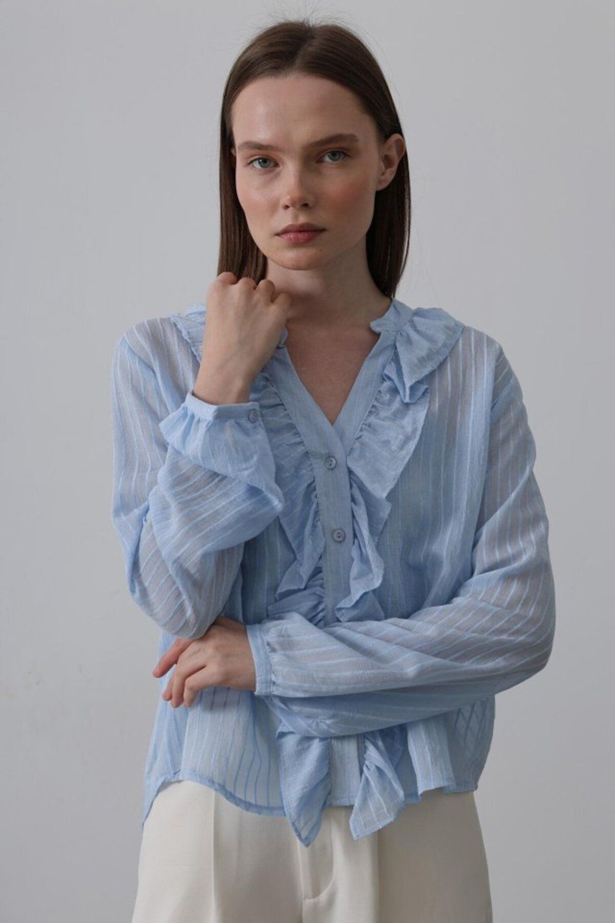 velmorafashion Fırfır Transparan Gömlek - Mavi