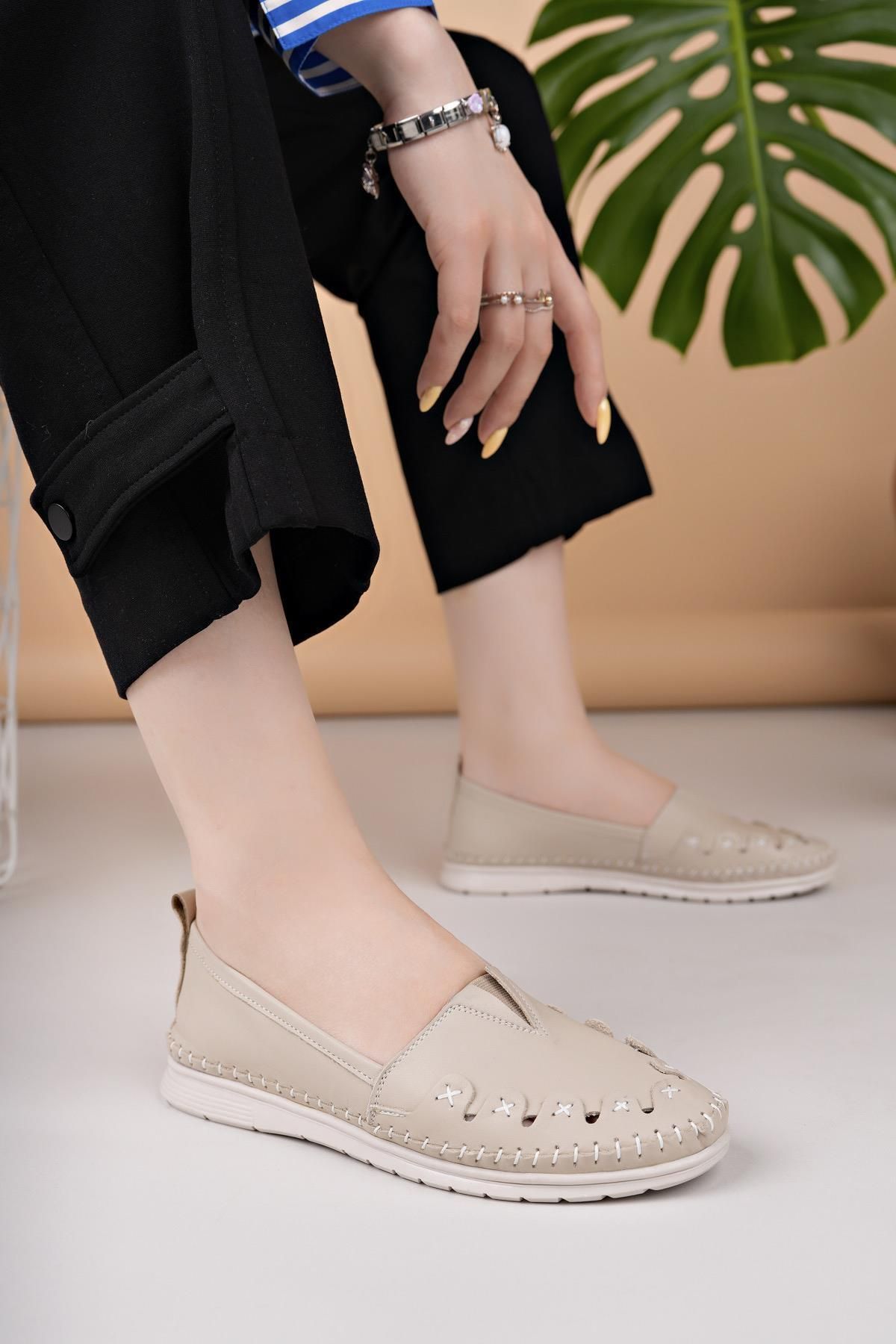 Nesil Shoes Knc 022 Bej Hakiki Soft Deri Kadın Ayakkabı