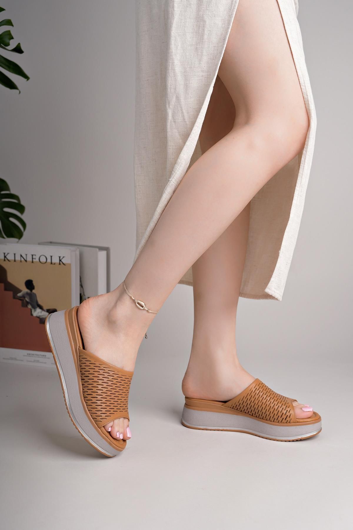 Nesil Shoes MyShoes 1800 Taba Hakiki Soft Deri Kadın Günlük Terlik