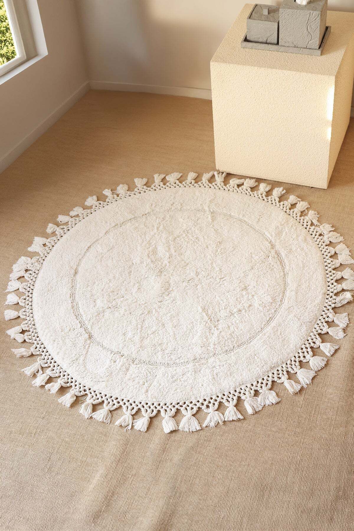 İrya Nora Yuvarlak Banyo Paspası %100 Pamuk 90x90 Ekru