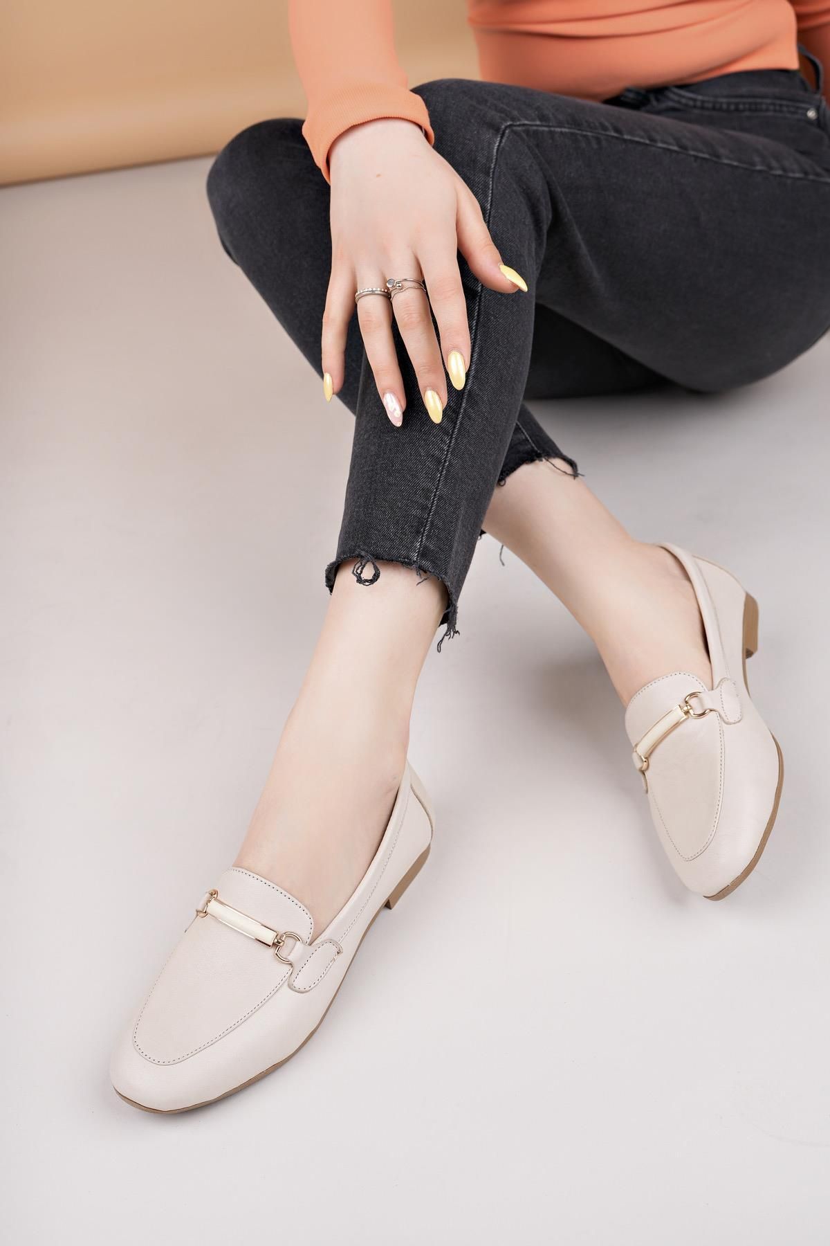 Nesil Shoes Eliz 24205 Bej Hakiki Soft Deri Günlük Kadın Ayakkabı
