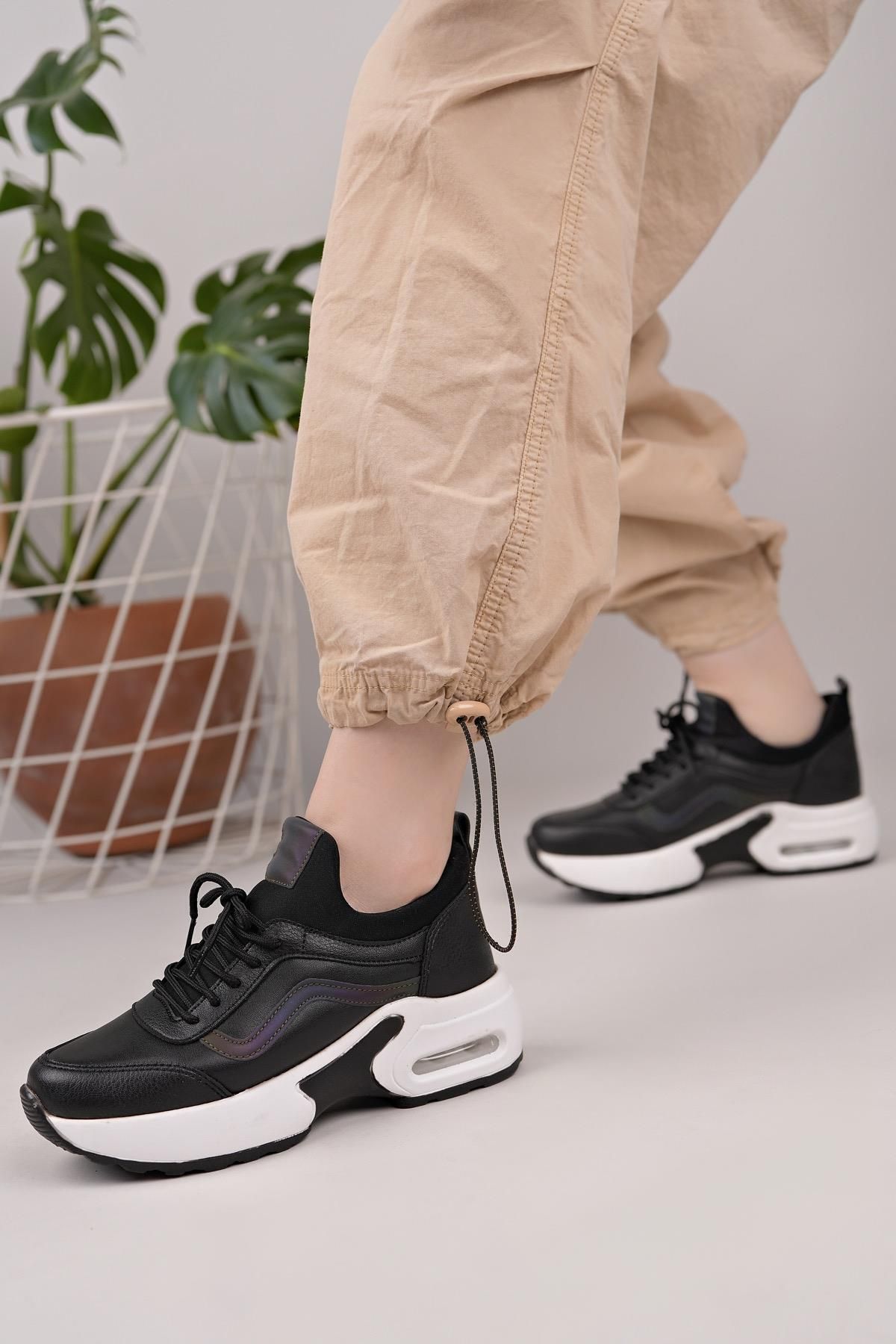 Nesil Shoes Flet 121 Siyah Beyaz Air Taban Kadın Sneakers