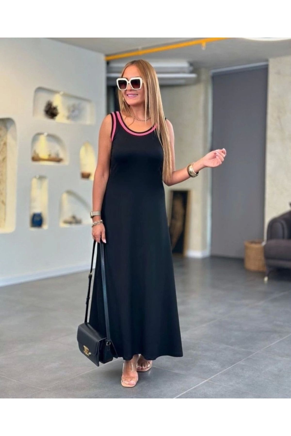 Butik Kadın Kristal Kumaş Askılı Maxi Boy Biyeli Elbise