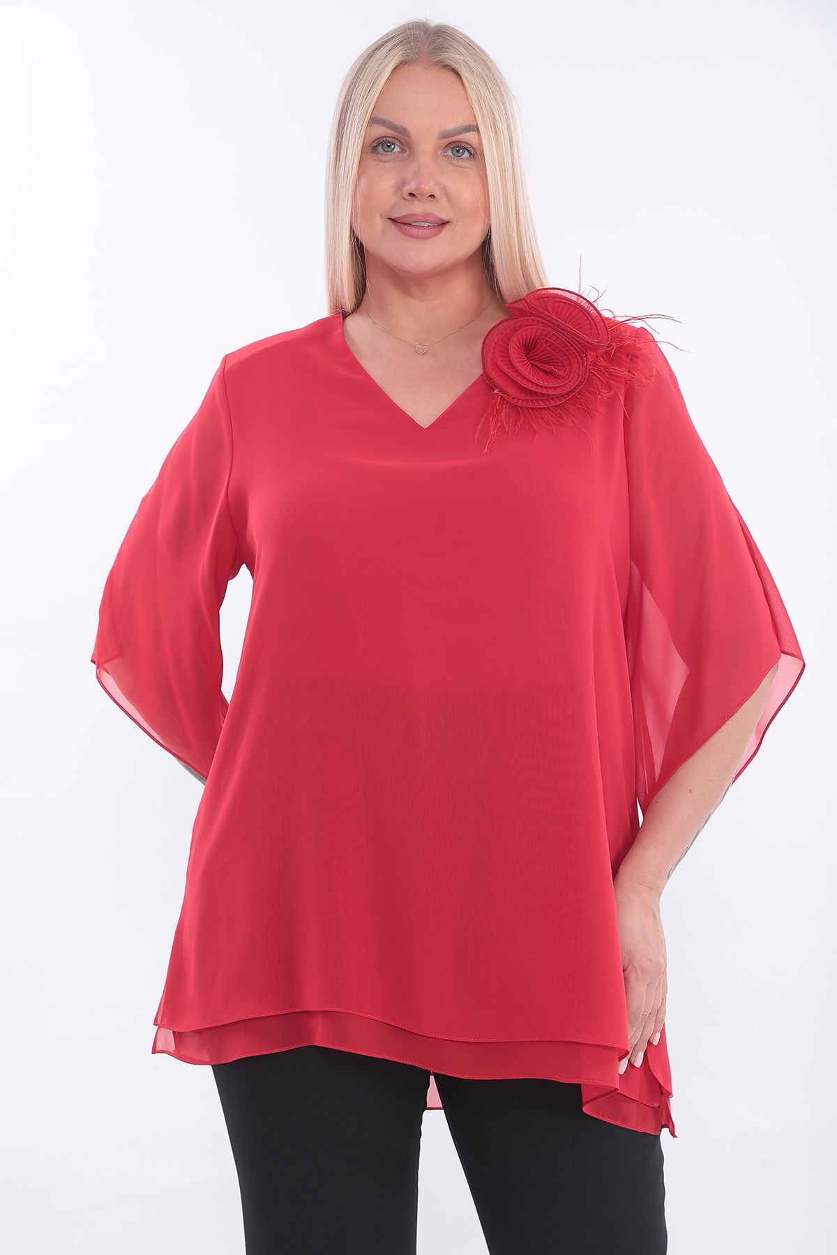 KİFAYET 16500 Tüylü Çiçek Broşlu Kısa Kol Şifon Abiye (R) (B104)