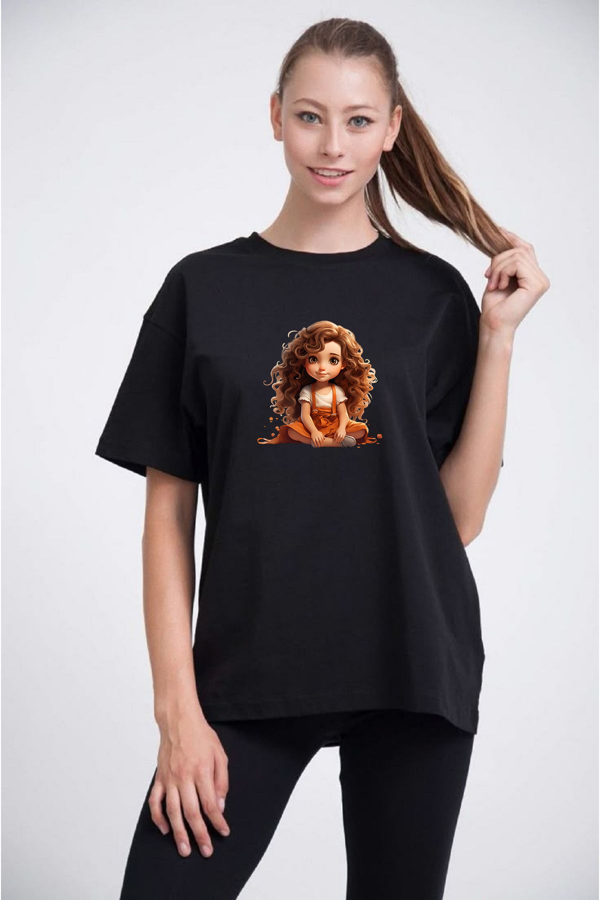 makiteks Baskılı Kadın Unisex Oversize Bisiklet Yaka Baskılı T-shirt Siyah Tişört Cutegirl