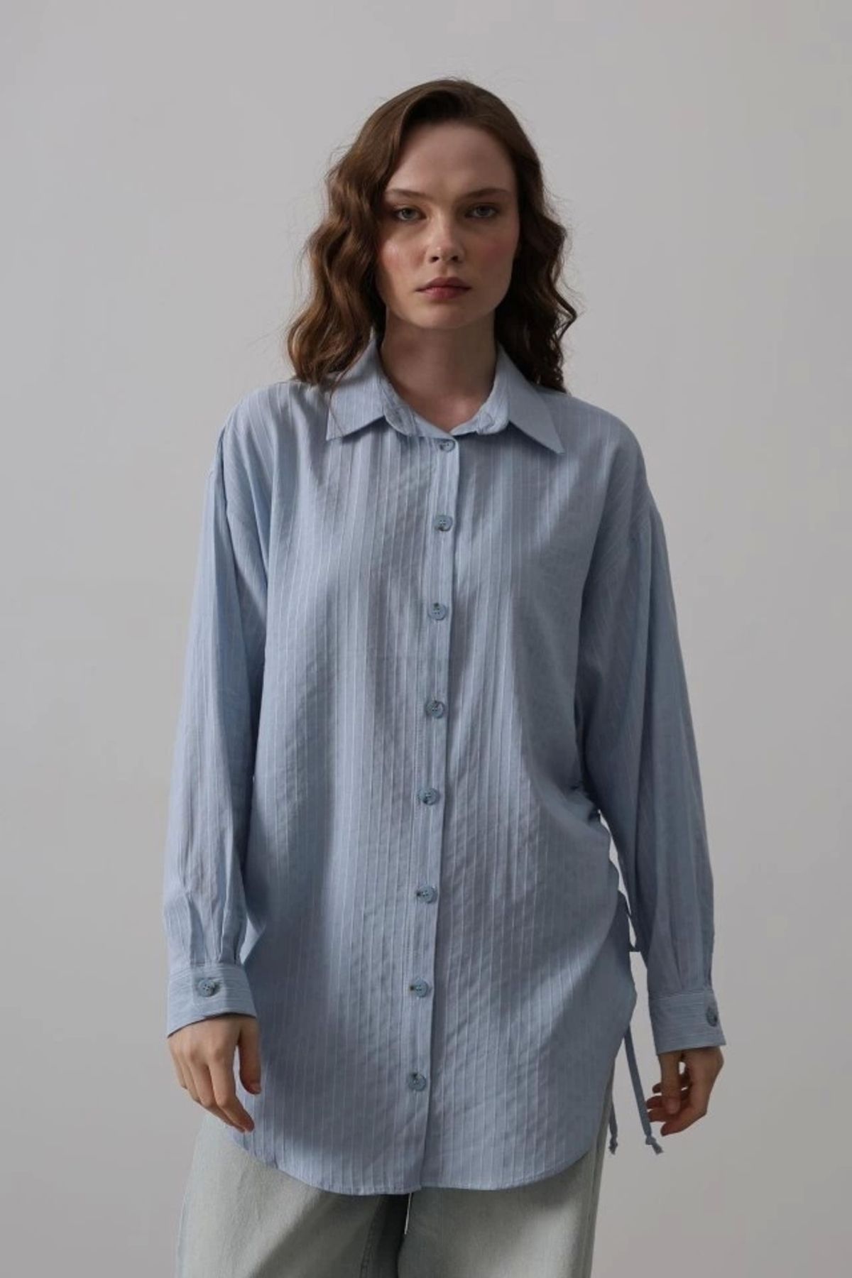 Butik Yan Büzmeli Tunik Gömlek - Bebe Mavisi