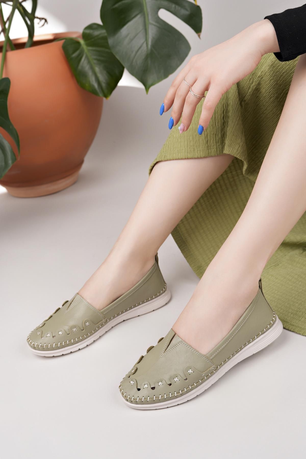 Nesil Shoes Knc 022 Yeşil Hakiki Soft Deri Kadın Ayakkabı