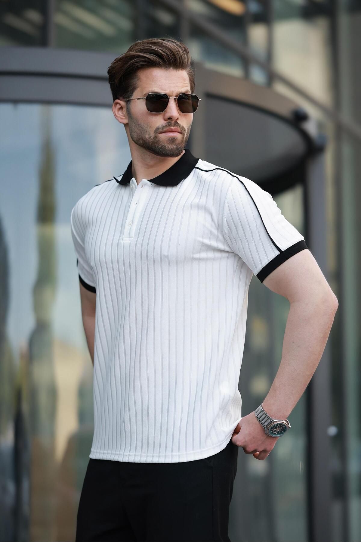 Madmext-Ανδρικό T-Shirt με γιακά πόλο με εκρού σχέδιο E7155 3