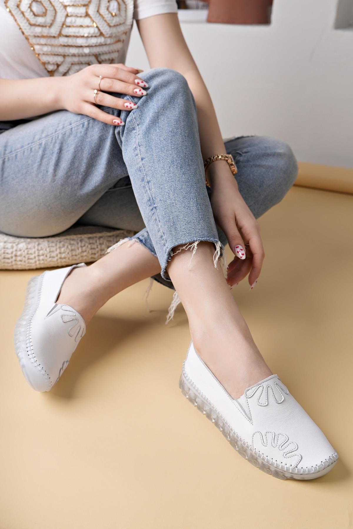 Nesil Shoes Knc 10 Beyaz Hakiki Deri Şeffaf Taban Kadın Ayakkabı