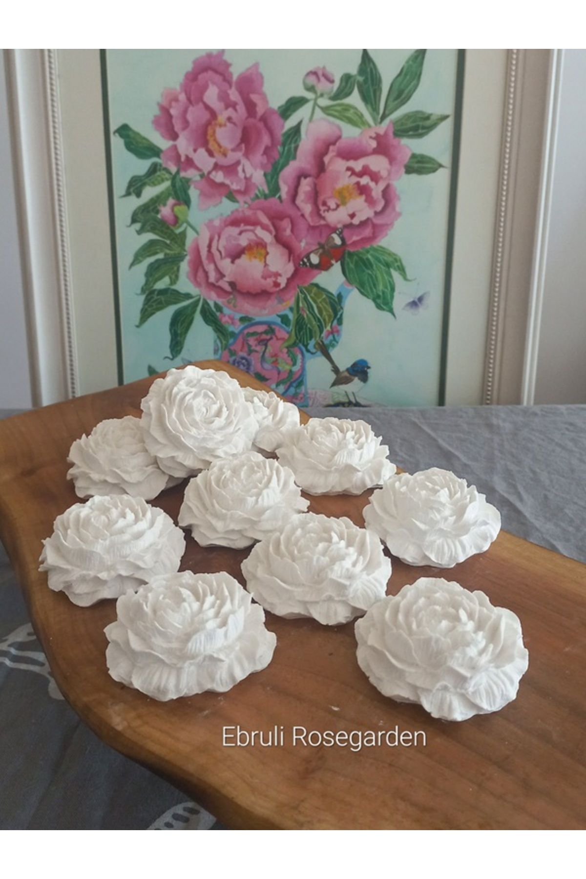 Ebruli Rosegarden 10 ad Büyük Boy Dekoratif Beton Gül Şakayık Ve Mavi Vanilyalı Tealight Mum Nişan Nikah Düğün