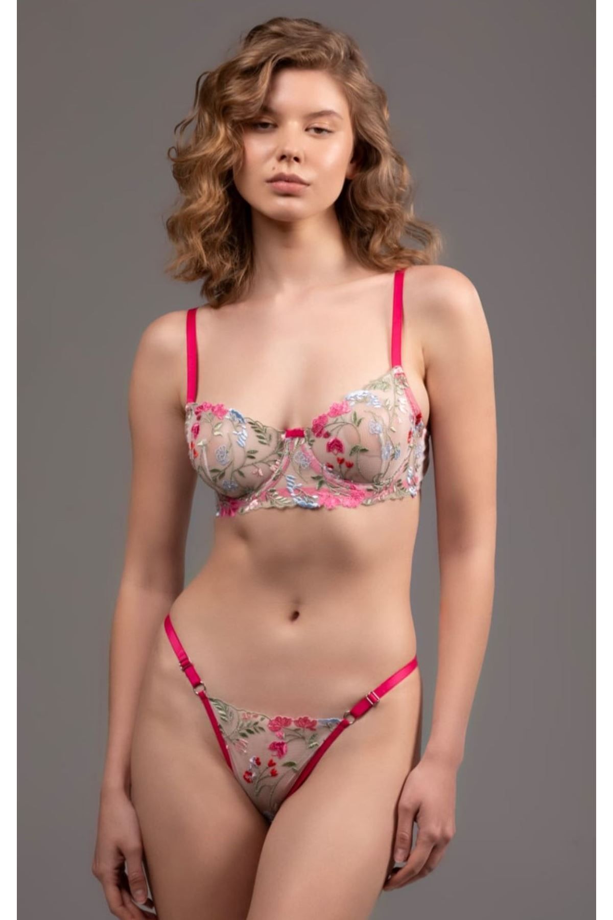 Shop58 Kadın Pembe Çiçek İşlemeli Transparan Balenli Sütyen Külot Takımı Fantezi İç Çamaşır Takım