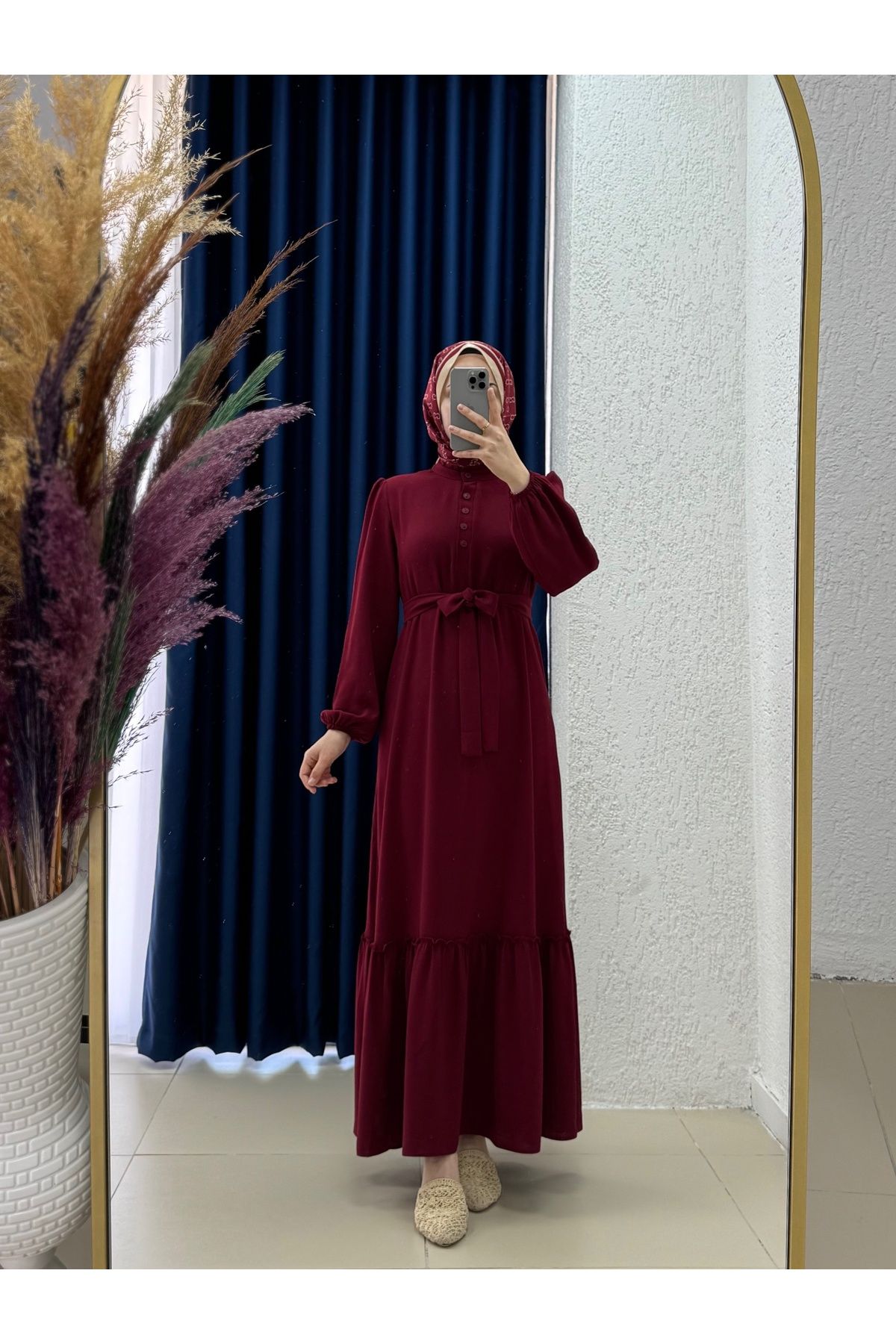 Ebrar Store Vesira Göğüs Düğme Detaylı Etek Fırfırlı Krep Elbise-PA9215 Bordo