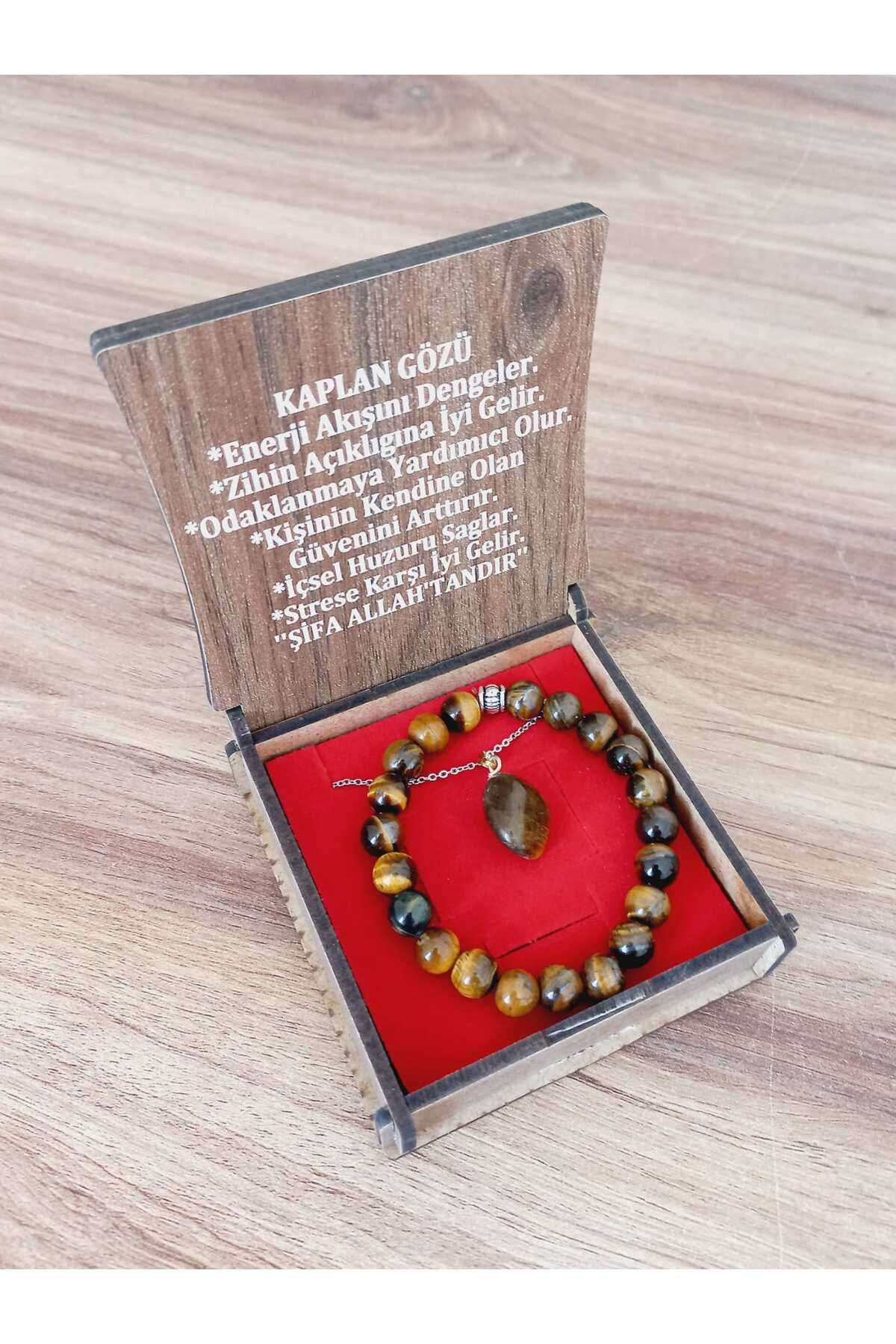 OĞUZUN DÜNYASI Özel Kutulu Doğal Taş Kaplan Gözü Taşı Kahverengi Kolye Bileklik Set Aksesuar Hediyelik