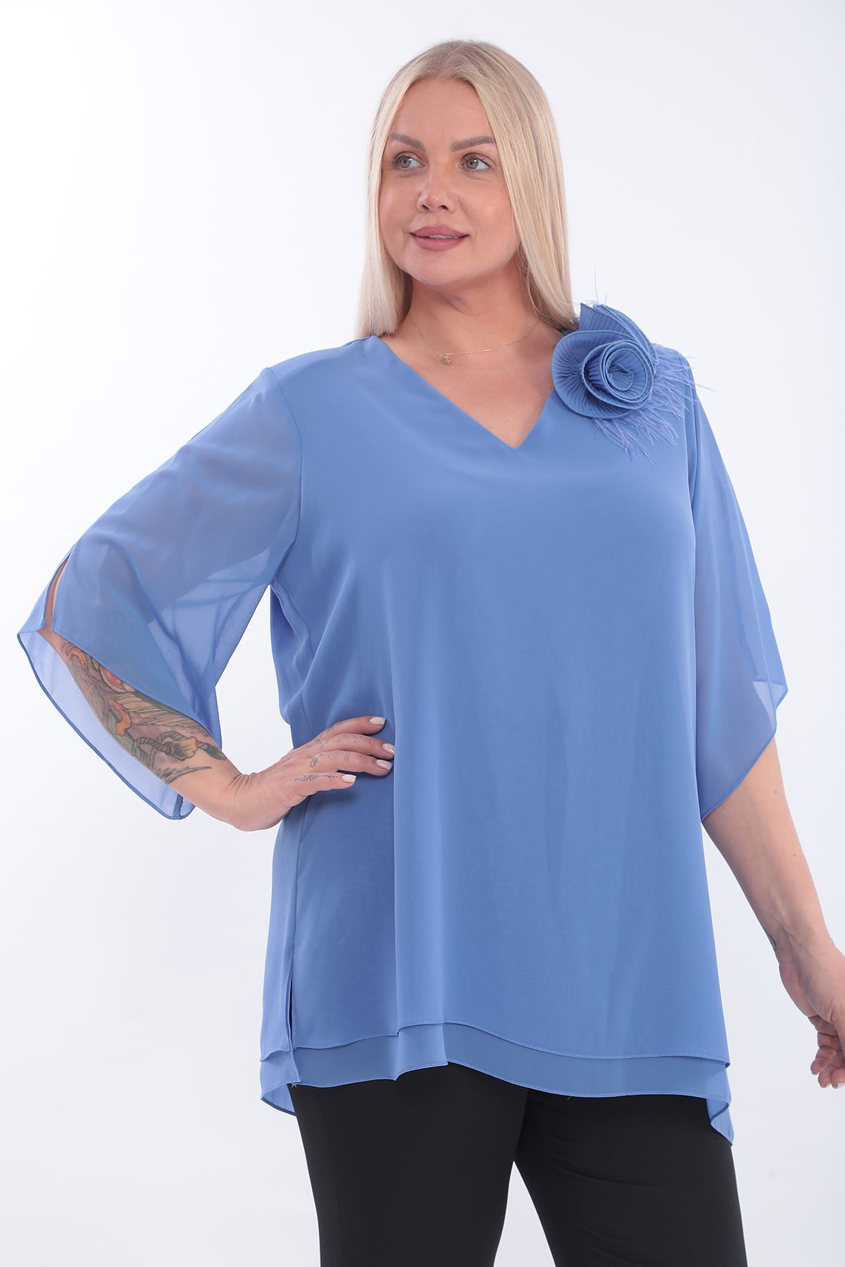 KİFAYET 22502 Tüylü Çiçek Broşlu Kısa Kol Şifon Abiye (R) (C104)