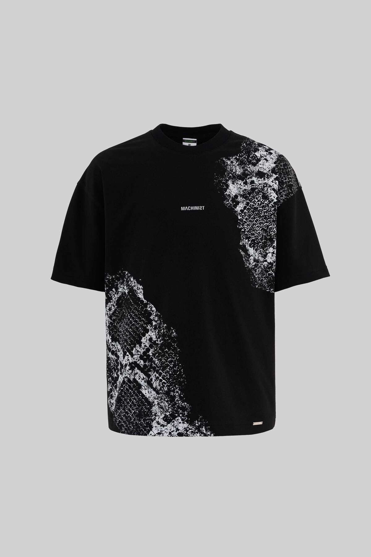 Machinist Erkek Crocodile Printed Oversize Siyah Tişört