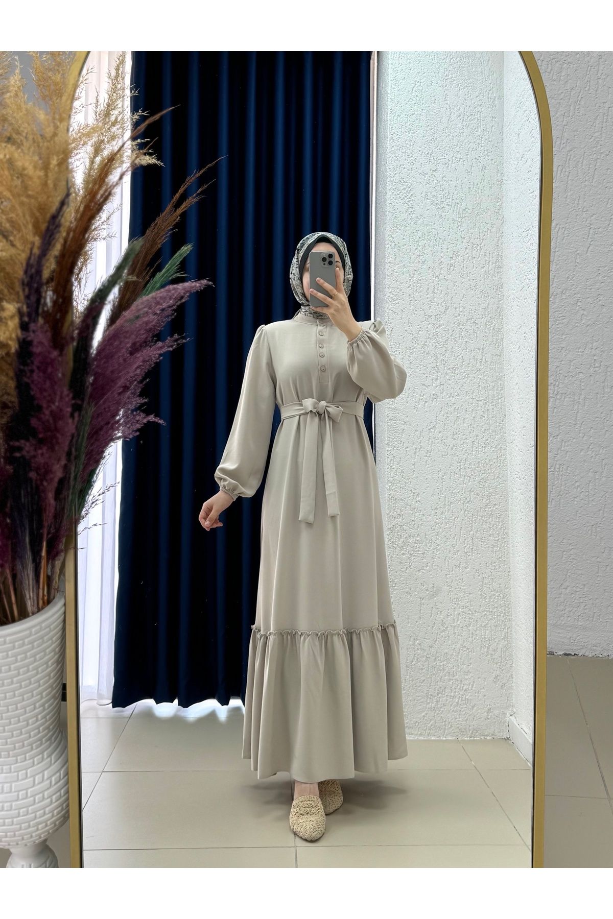 Ebrar Store Vesira Göğüs Düğme Detaylı Etek Fırfırlı Krep Elbise-PA9215 Taş
