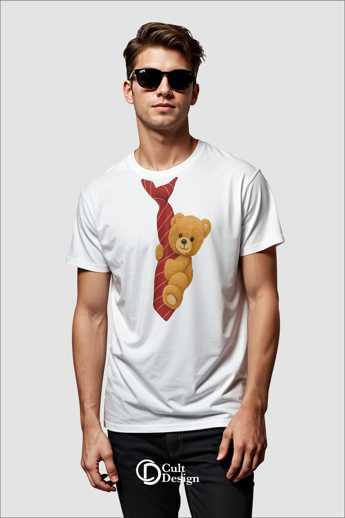 CULTDESİGN Kravat ayı ERKEK Özel Premium Baskılı Basic, Organik Pamuklu, Bisiklet Yaka T-Shirt Tişört