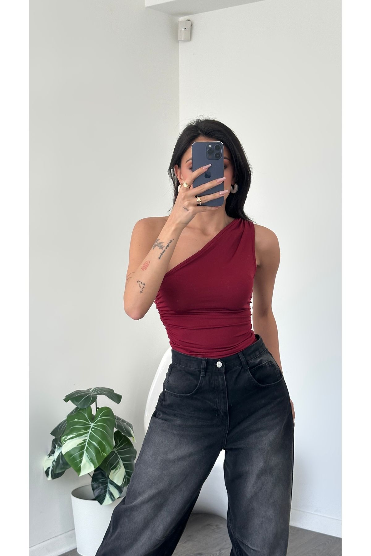MAT BUTİK Bordo Tek Omuzlu Basic Bluz