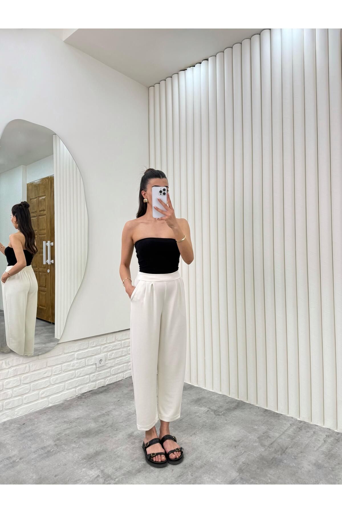 Gaus Ekru Beli Lastikli Cepli Harem Pantolon Gaus00308