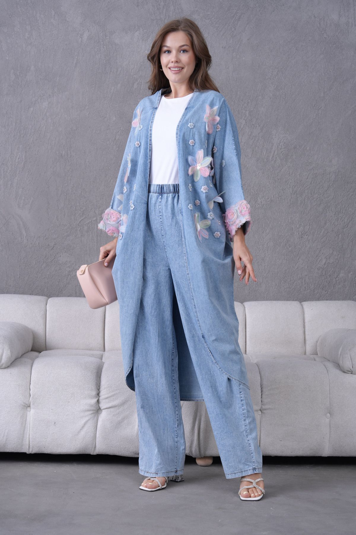 Miss Allos Kadın Önü Nakışlı Tül Çiçek İşlemeli Taş Detaylı Kot Kimono Hırka Ve Kot Pantolon Alt Üst Takım