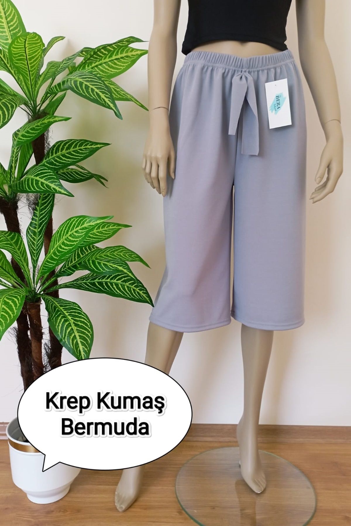 VİP BERA TEKSTİL Kadın Gri Krep Kumaş Dökümlü Geniş Paça Likralı Bermuda Alt