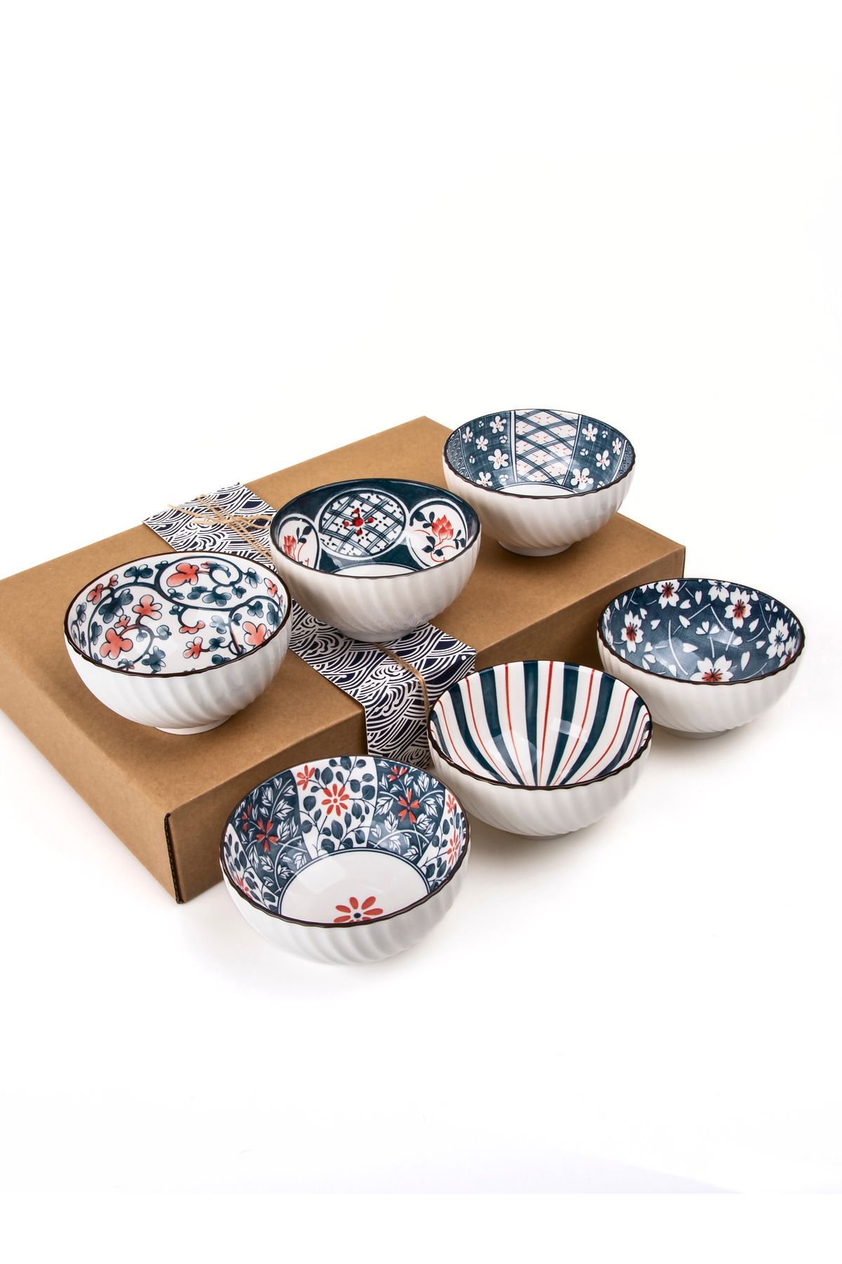 MUKKO HOME 6'lı Desenli Porselen Kase Seti 320 ml, Çorbalık, Kahvaltılık, Atıştırmalık Kase Hediyelik Kutulu