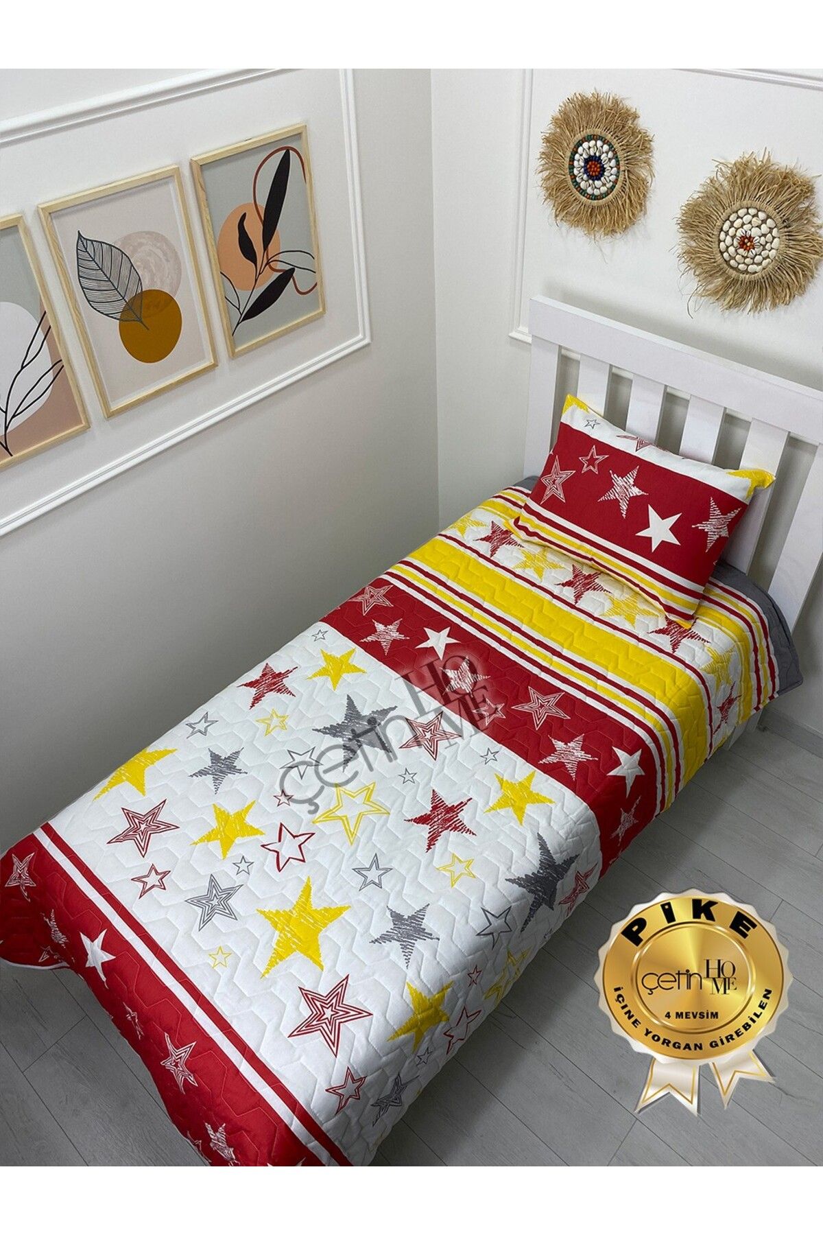 Çetinhome Tek Kişilik Kapitone Pike Seti 4 Mevsim Sarı Kırmızı