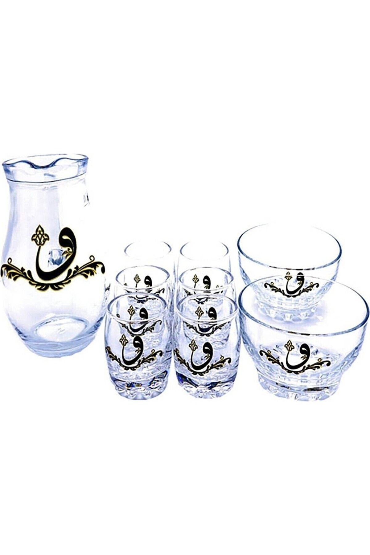 BERAT Zemzemlik, Zemzem Takımı, Cam Takım, Vav Desenli, 9 Parça, Hac ve Umre Hediyeliği