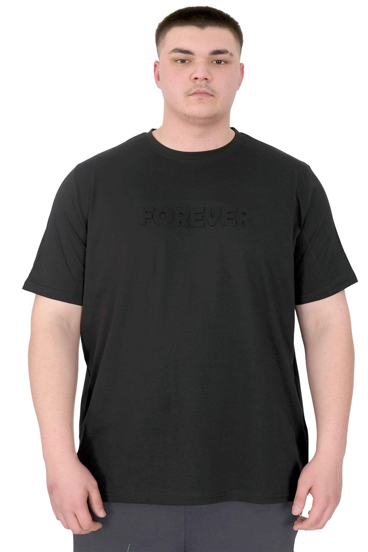 ModeXL Mode XL Büyük Beden Erkek T-Shirt Bisiklet Yaka Forever U25014 Siyah