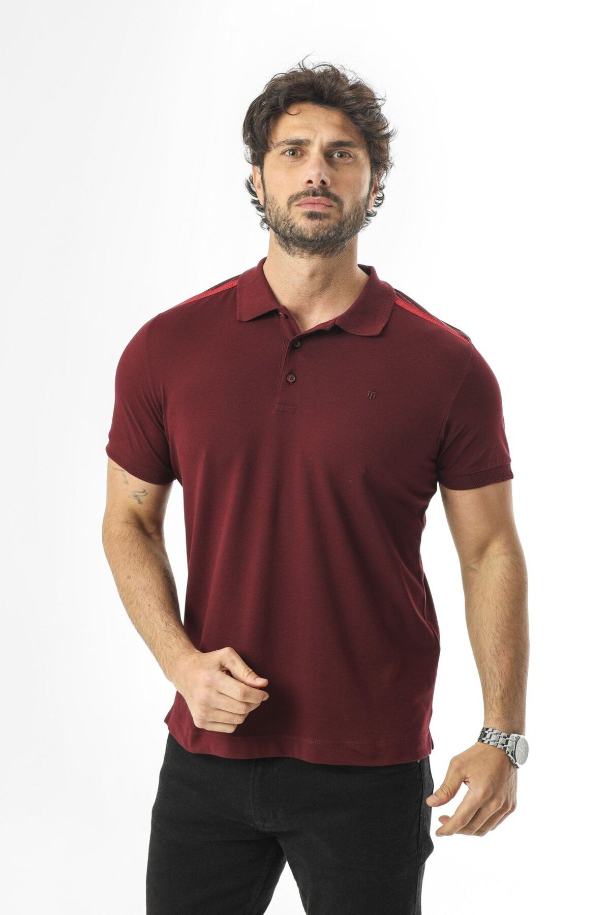 Tony Montana Büyük Beden Polo Yaka Omuz Detaylı Dümeli T-Shirt-PL-3456