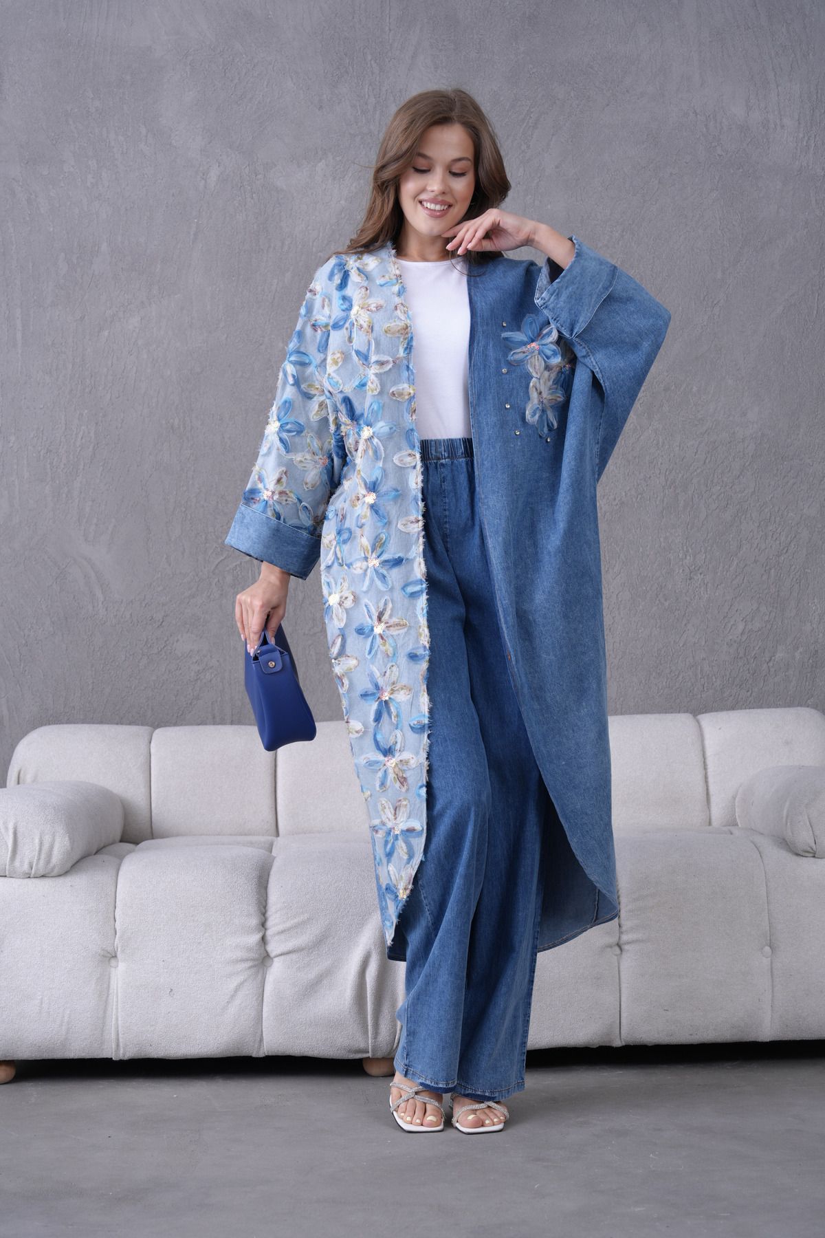 Miss Allos Kadın Önü Tül Çiçek İşlemeli Taş Detaylı Kot Kimono Hırka Ve Kot Pantolon Alt Üst Takım