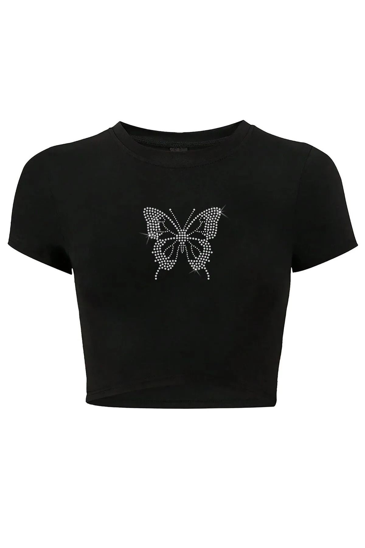 Bozz&Bozz Collection Kadın Kelebek Kristal Taş Baskılı Crop T-shirt Beyaz