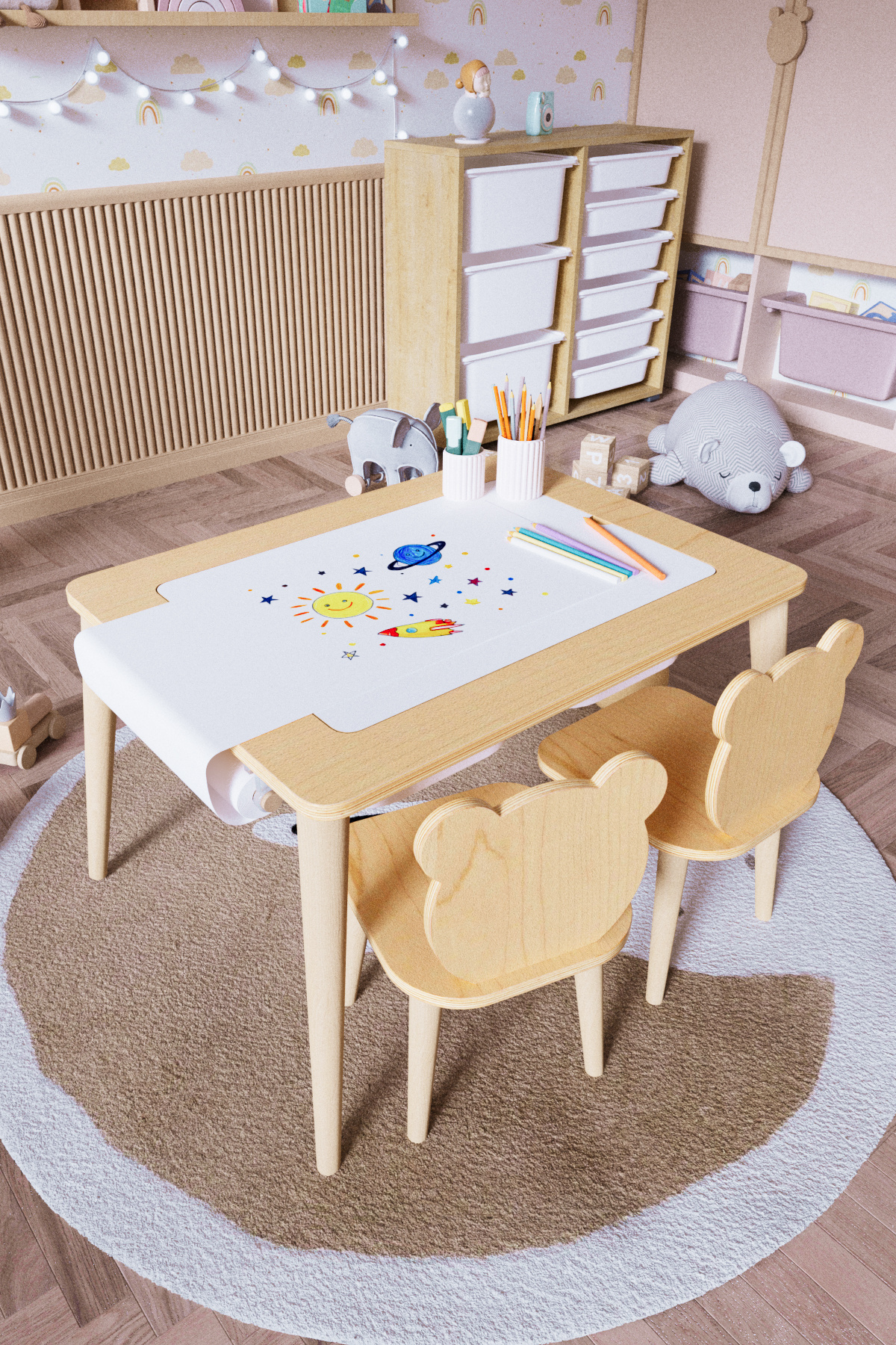 OBİ Atölye Ahşap Oyun Aktivite Masası Suya Karşı Dayanıklı Ahşap 2 adet Ayıcık Sandalyeli fotoğrafı 3 (önizleme)