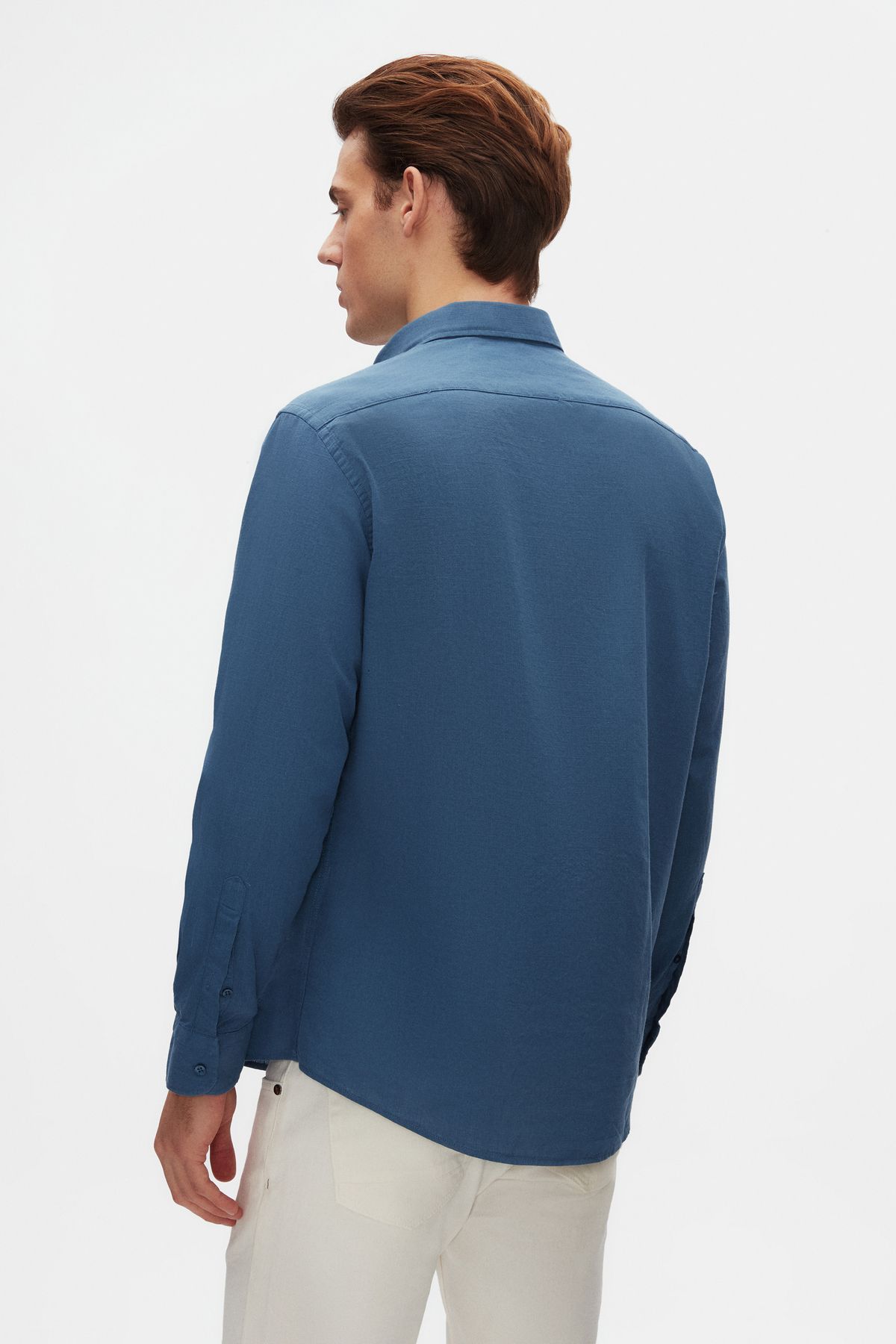 D'S Damat-Ds Damat Comfort Indigo Buttoned Collar Relaxed Cut Linen Look 100% Cotton Shirt 3