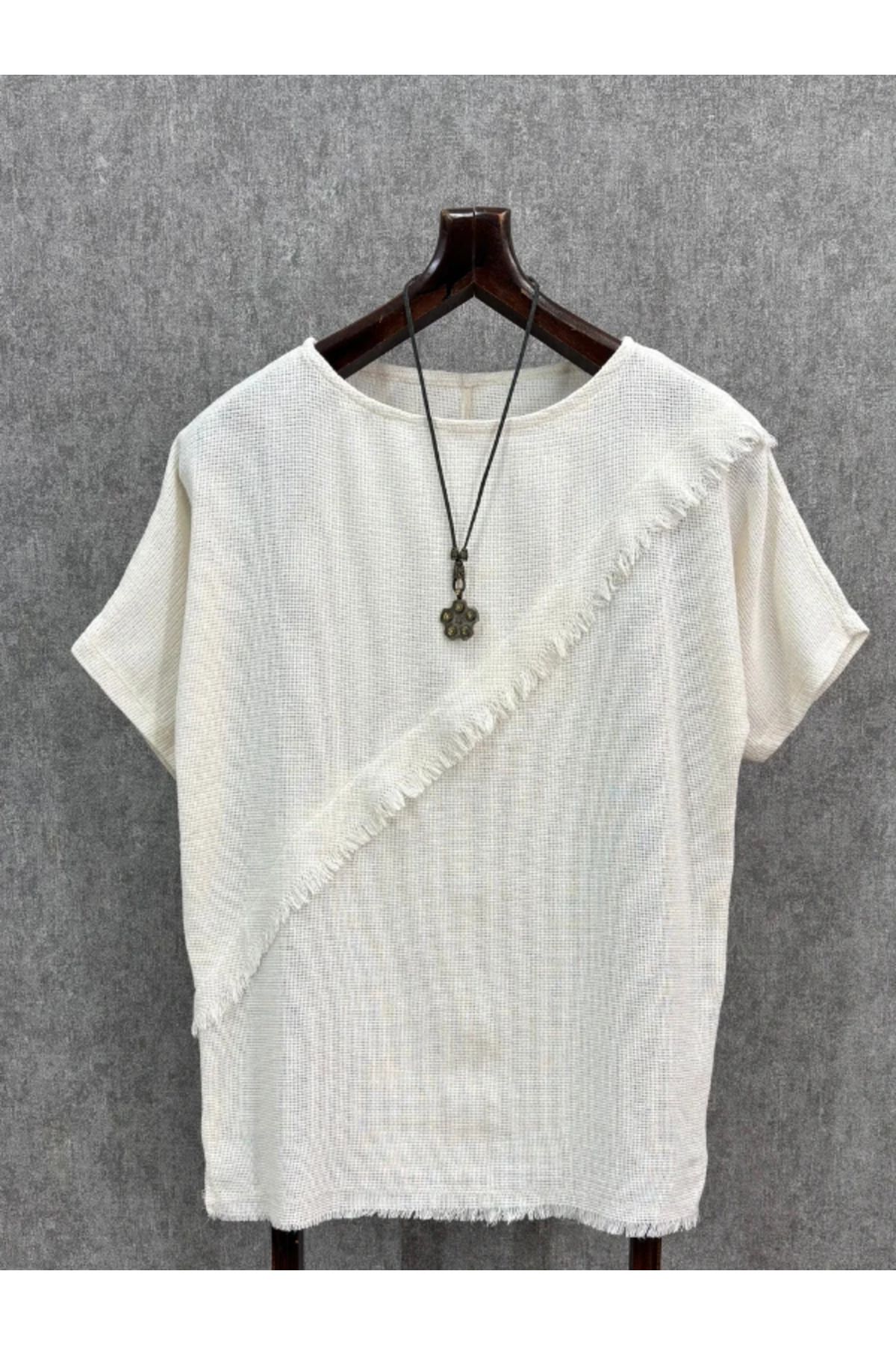 FıttingRoom Oversize Yıkamalı Pamuk Keten Kırık Beyaz Tshirt