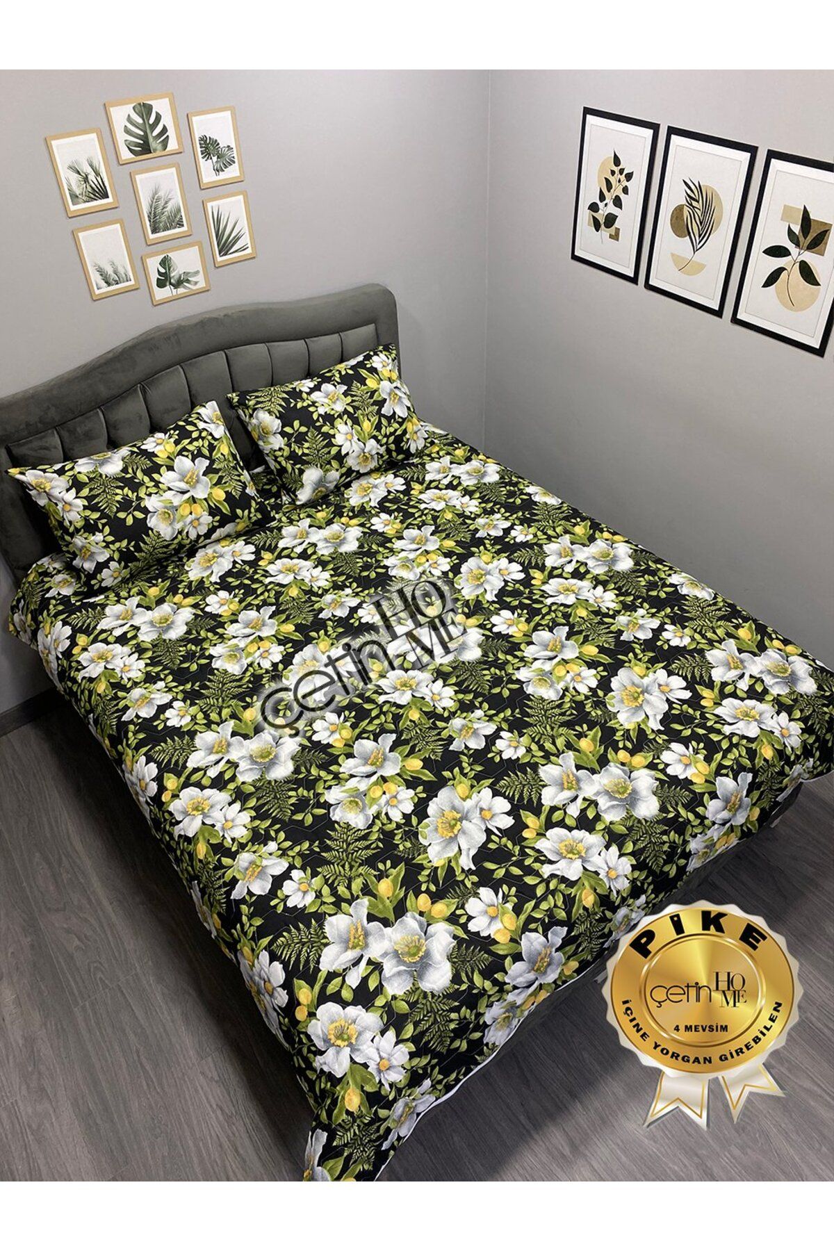 Çetinhome Çetinhome Çift Kişilik Kapitone Pike Seti 4 Mevsim Limon Çiçeği
