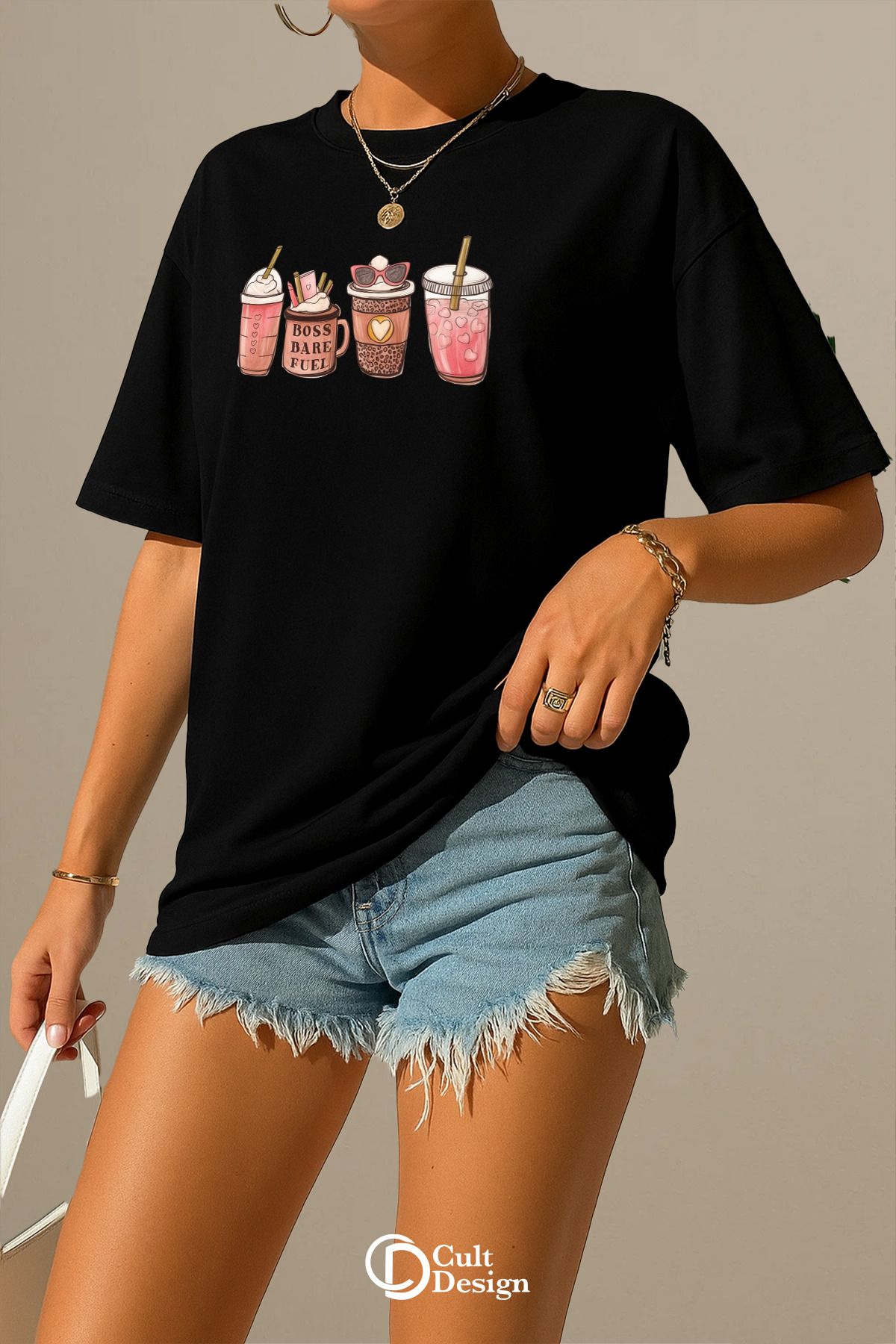 CULTDESİGN 4LÜ İÇECEK KADIN Özel Premium Baskılı Basic, Organik Pamuklu, Bisiklet Yaka T-Shirt