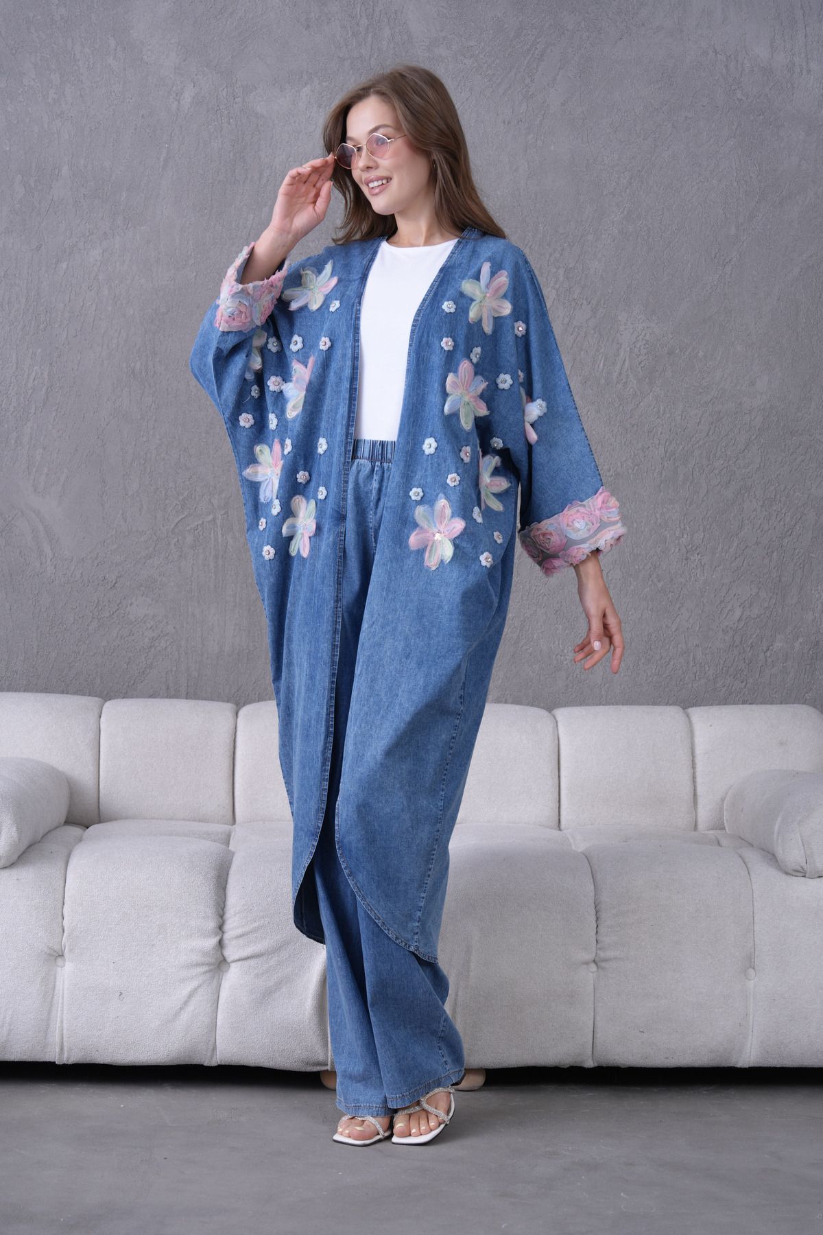 Miss Allos Kadın Önü Nakışlı Tül Çiçek İşlemeli Taş Detaylı Kot Kimono Hırka Ve Kot Pantolon Alt Üst Takım