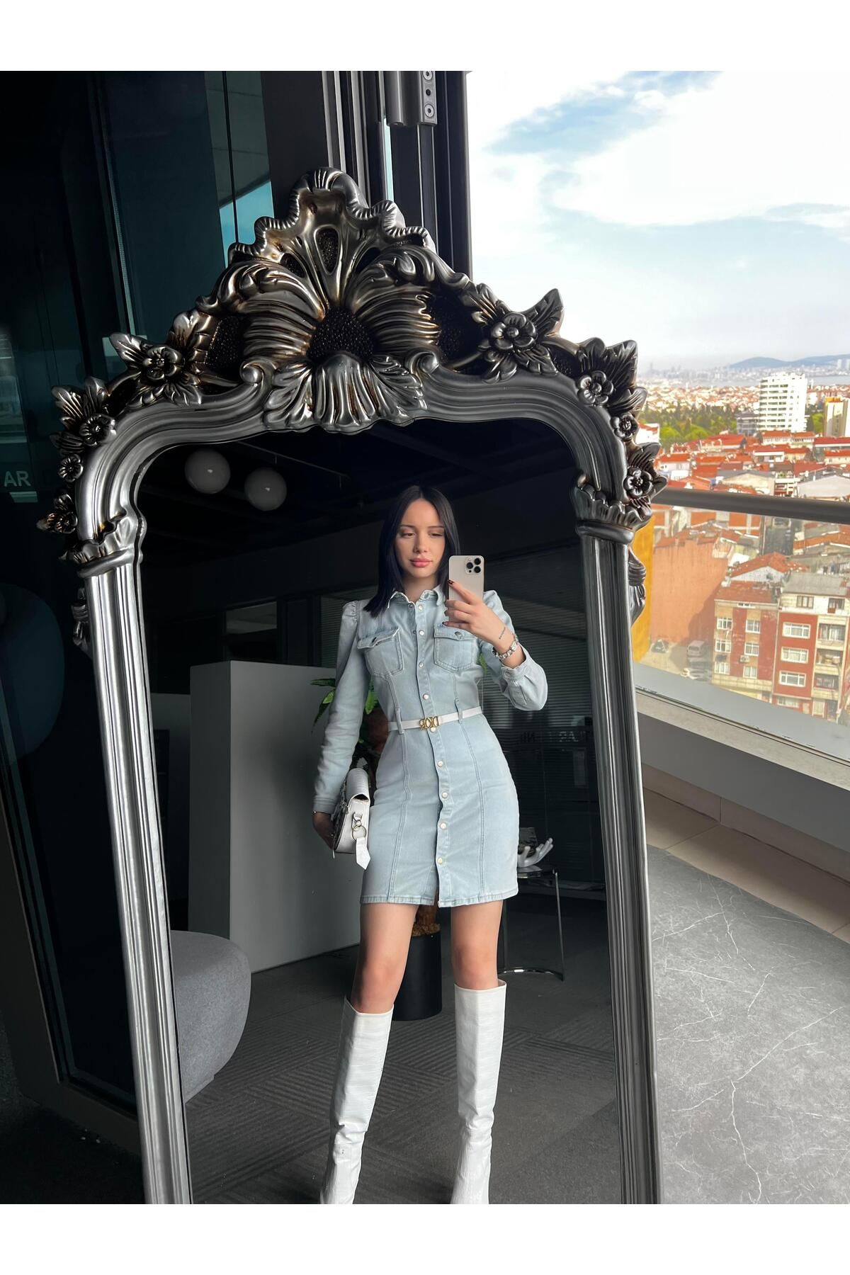 TamSeninTarzin Agustina Çıtçıtlı Uzun Kol Denim Elbise